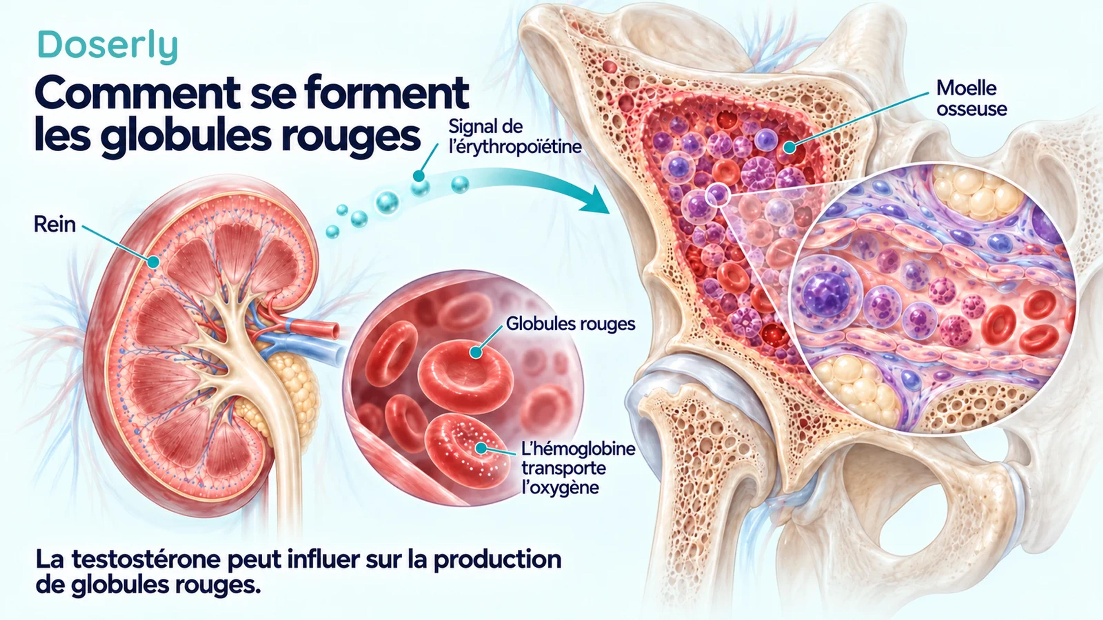 Signal des reins vers la moelle osseuse, à côté de globules rouges agrandis et de leur hémoglobine qui transporte l’oxygène.