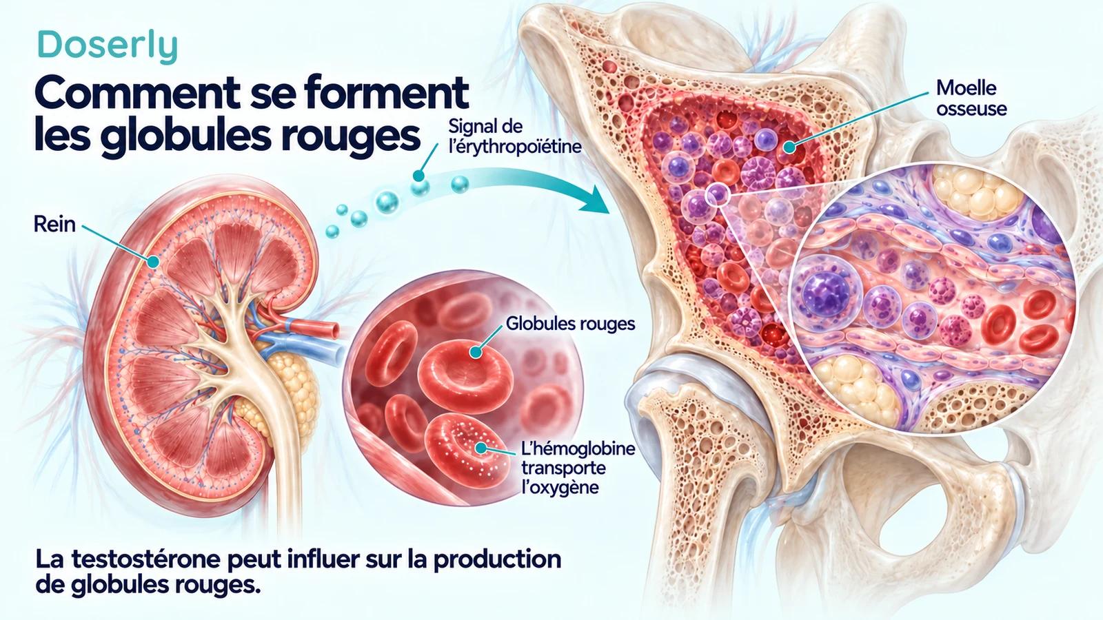 Signal des reins vers la moelle osseuse, à côté de globules rouges agrandis et de leur hémoglobine qui transporte l’oxygène.