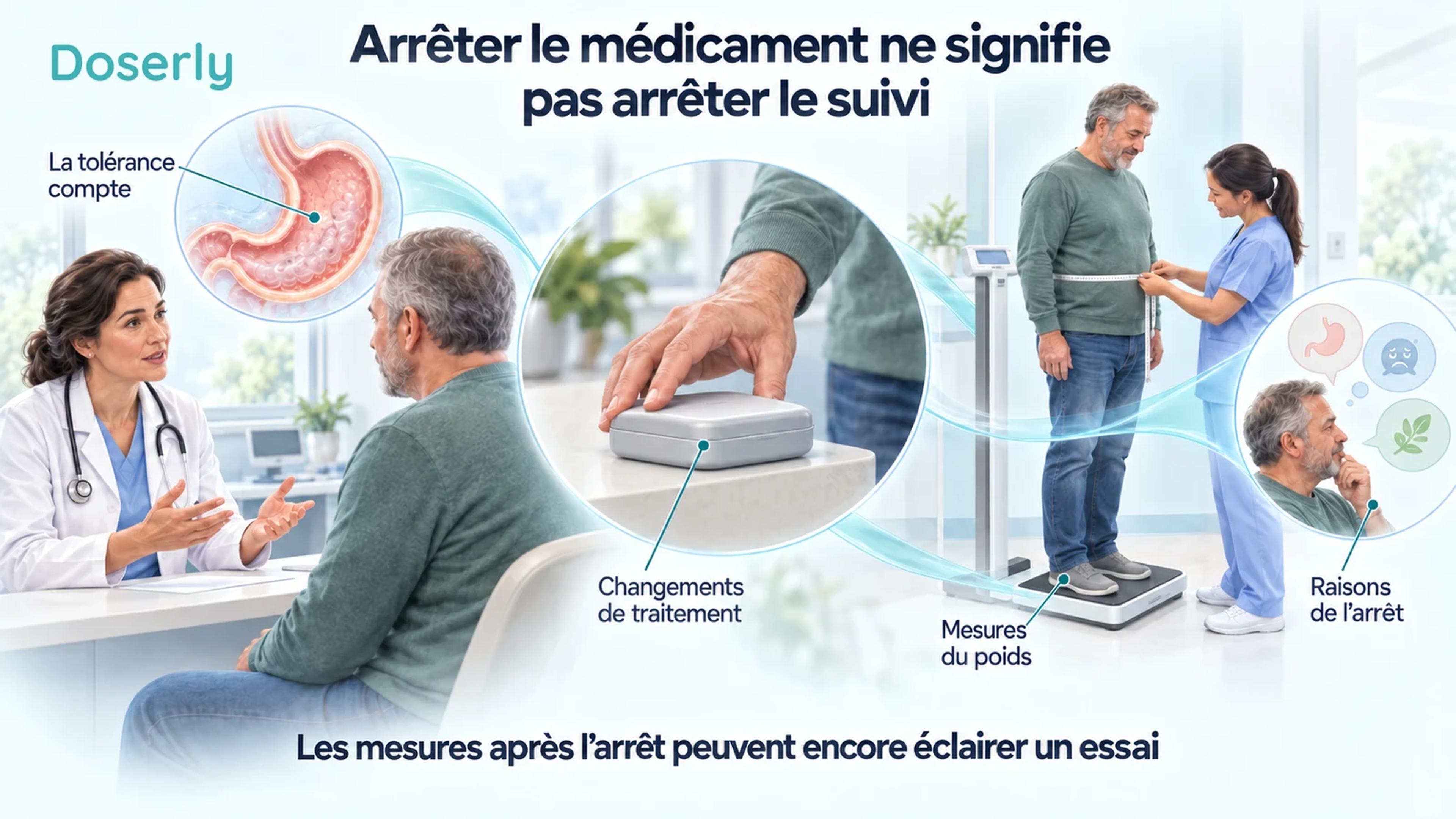 Une personne discute de ses symptômes, met de côté un étui de médicaments et revient pour des mesures du poids et du tour de taille.