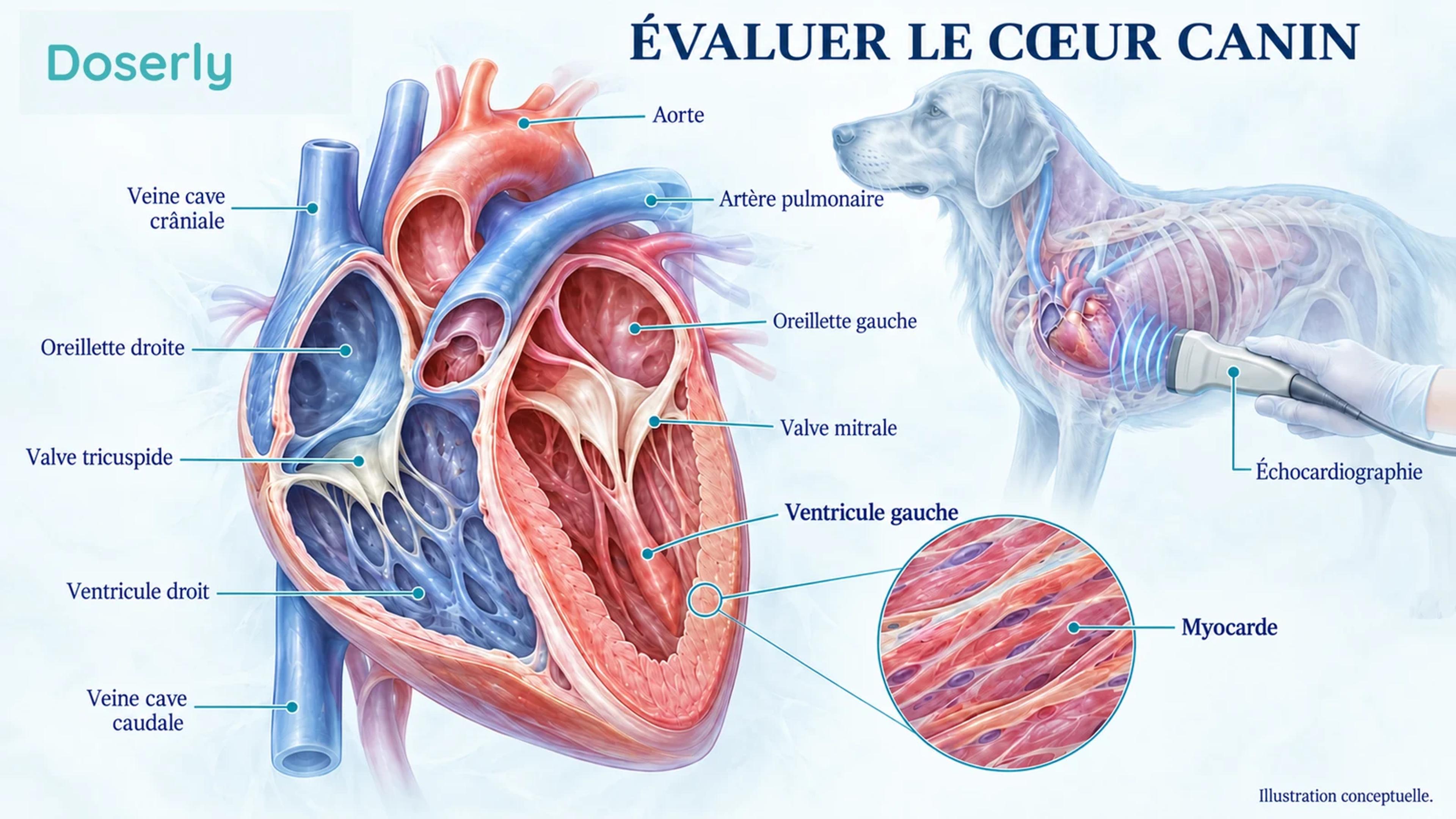Coupe d’un cœur canin montrant les cavités et la paroi musculaire, à côté d’une sonde échographique et d’une représentation conceptuelle de l’évaluation cardiaque