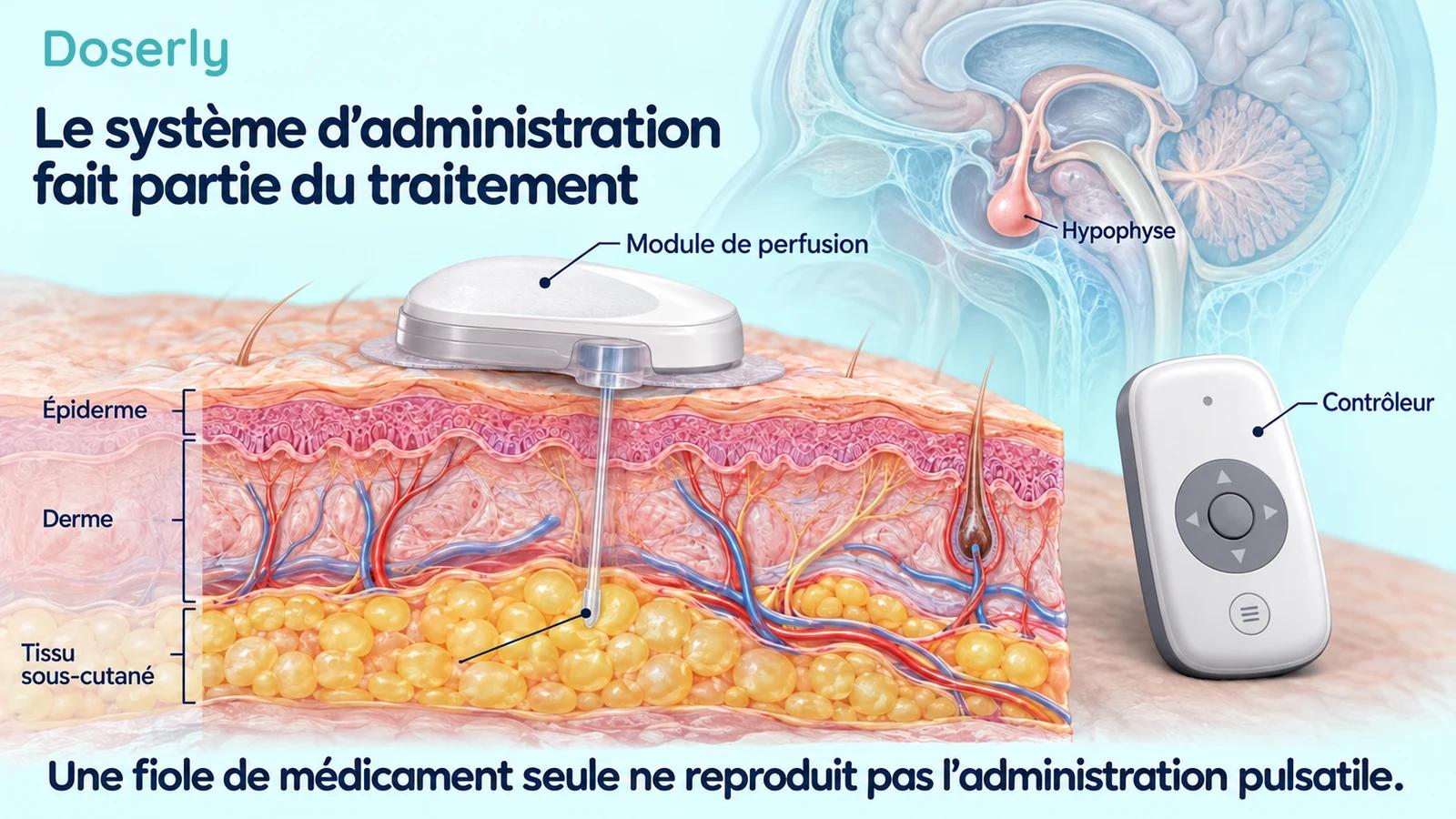 Module de perfusion générique détaillé au-dessus d’une coupe de peau, contrôleur séparé et encadré anatomique de l’hypophyse illustrant les composantes du traitement pulsatile.
