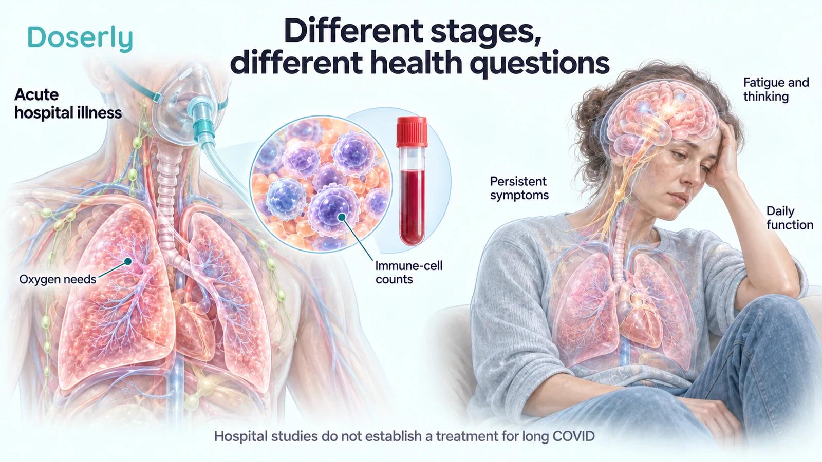 Translucent lung anatomy and immune-cell sampling beside a person living with persistent fatigue and cognitive symptoms.