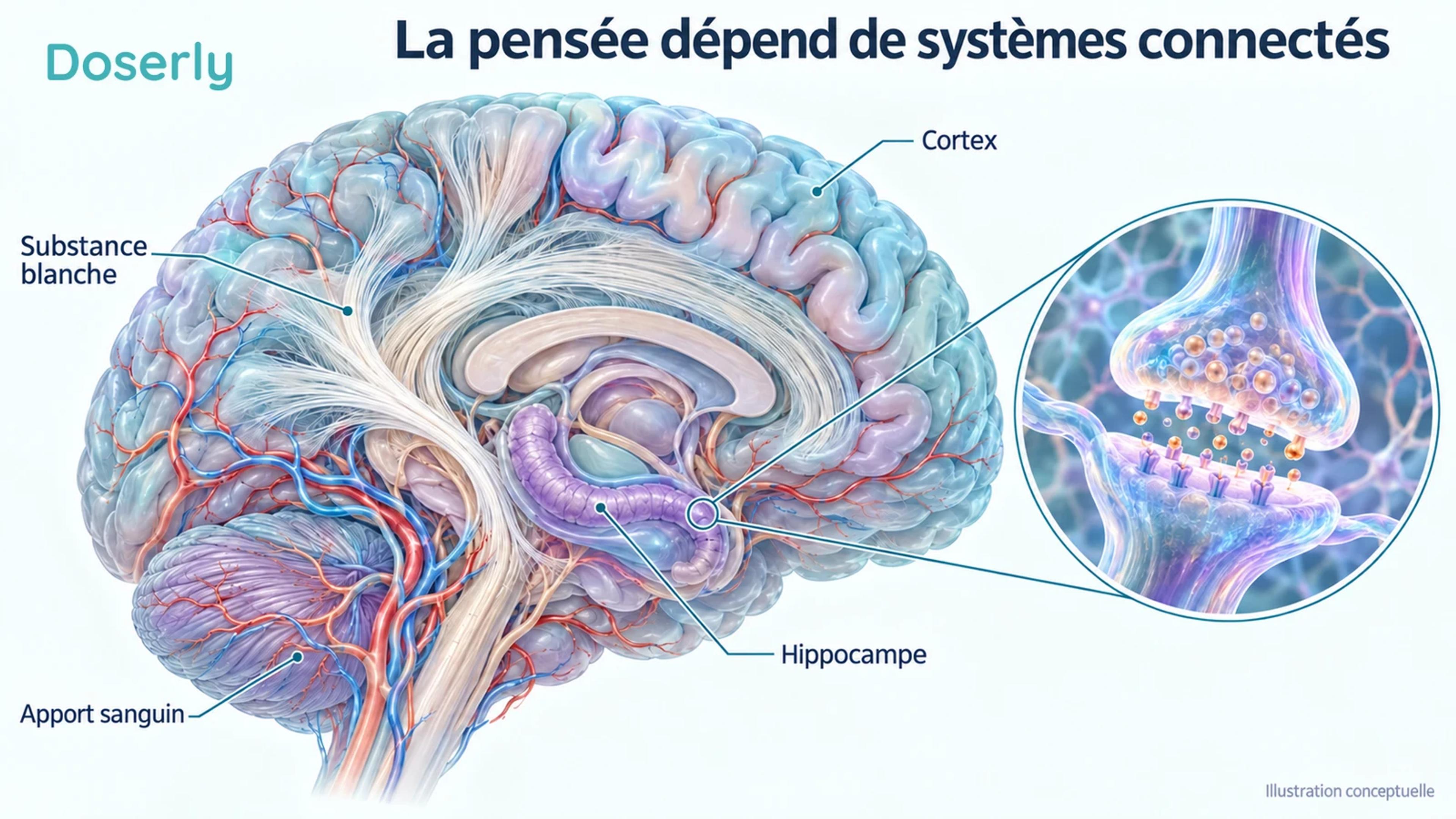 Coupe conceptuelle du cerveau montrant le cortex, l’hippocampe, la substance blanche et l’apport sanguin, avec une synapse en médaillon.