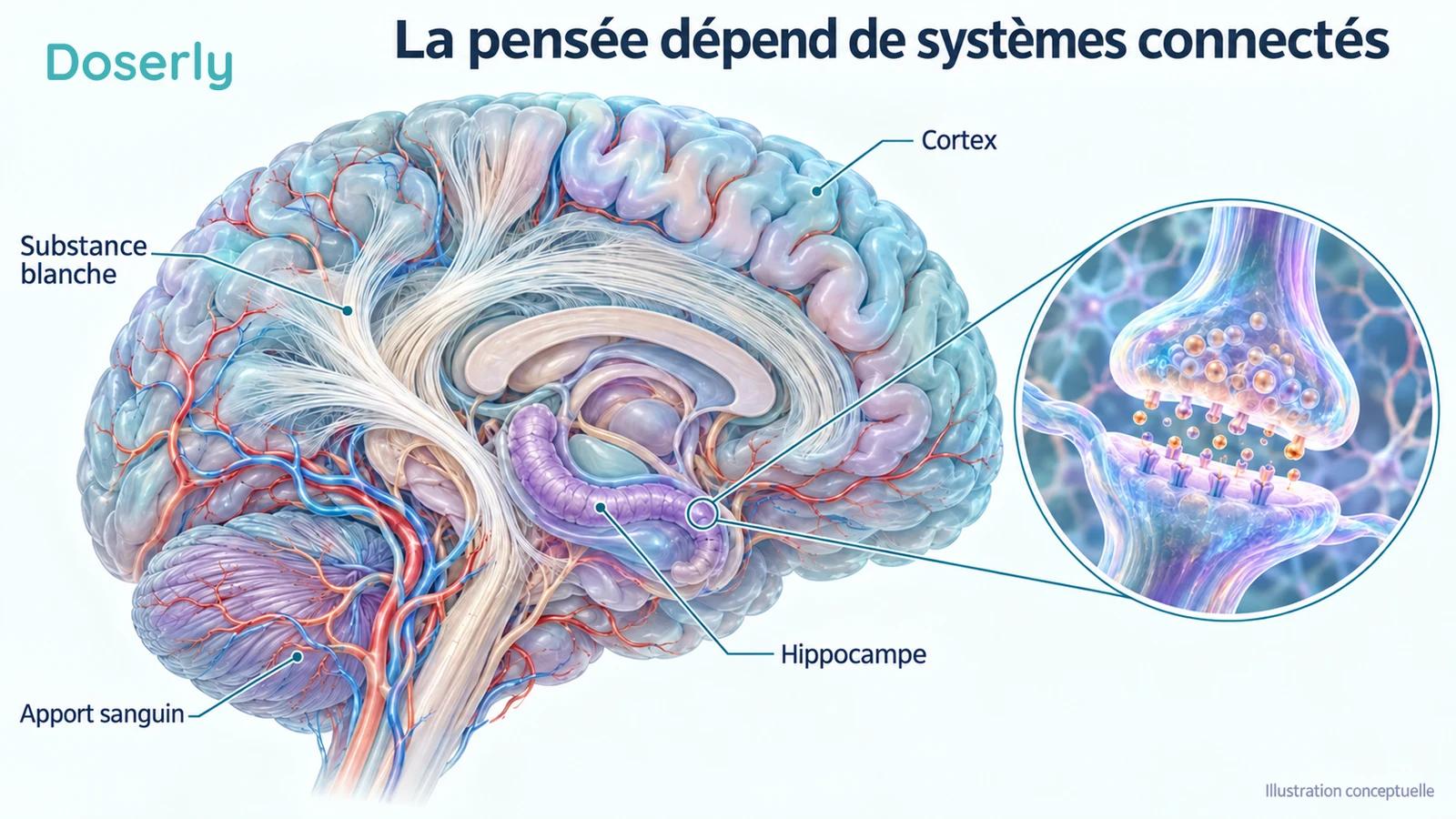 Coupe conceptuelle du cerveau montrant le cortex, l’hippocampe, la substance blanche et l’apport sanguin, avec une synapse en médaillon.
