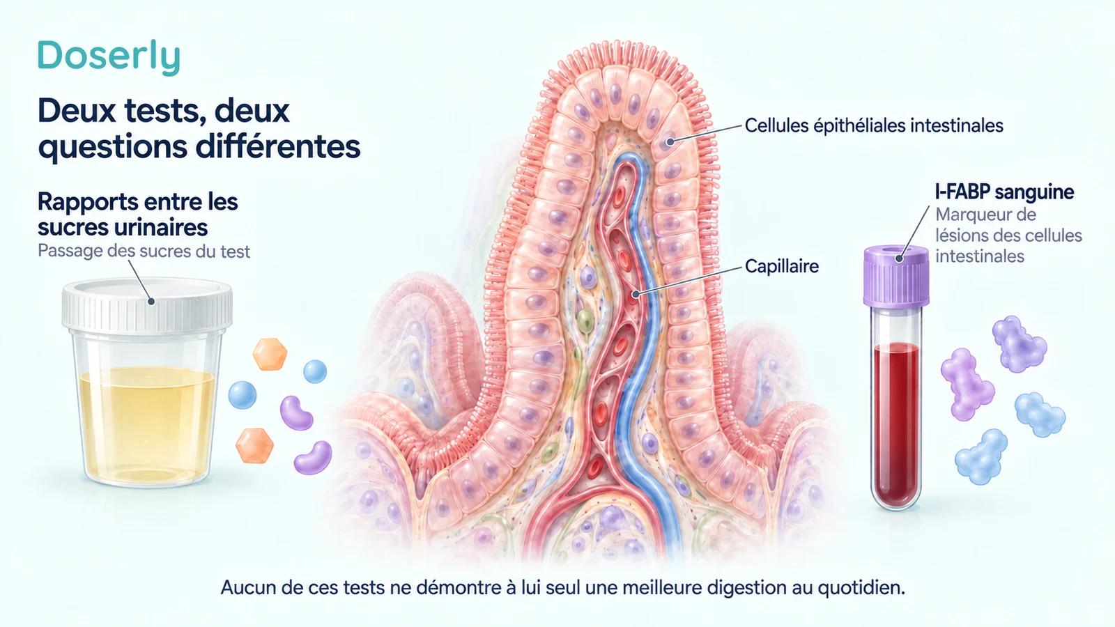 Une villosité de l’intestin grêle à côté d’un échantillon d’urine pour mesurer le rapport entre les sucres et d’un tube de sang représentant la mesure de l’I-FABP.