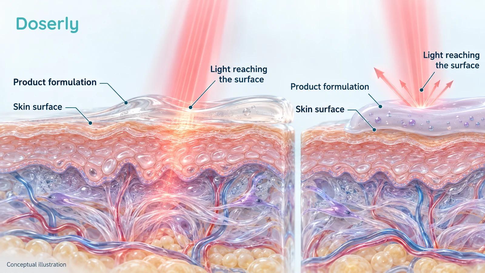 Conceptual skin-surface illustration showing cosmetic formulations and light at the surface without quantitative penetration claims.