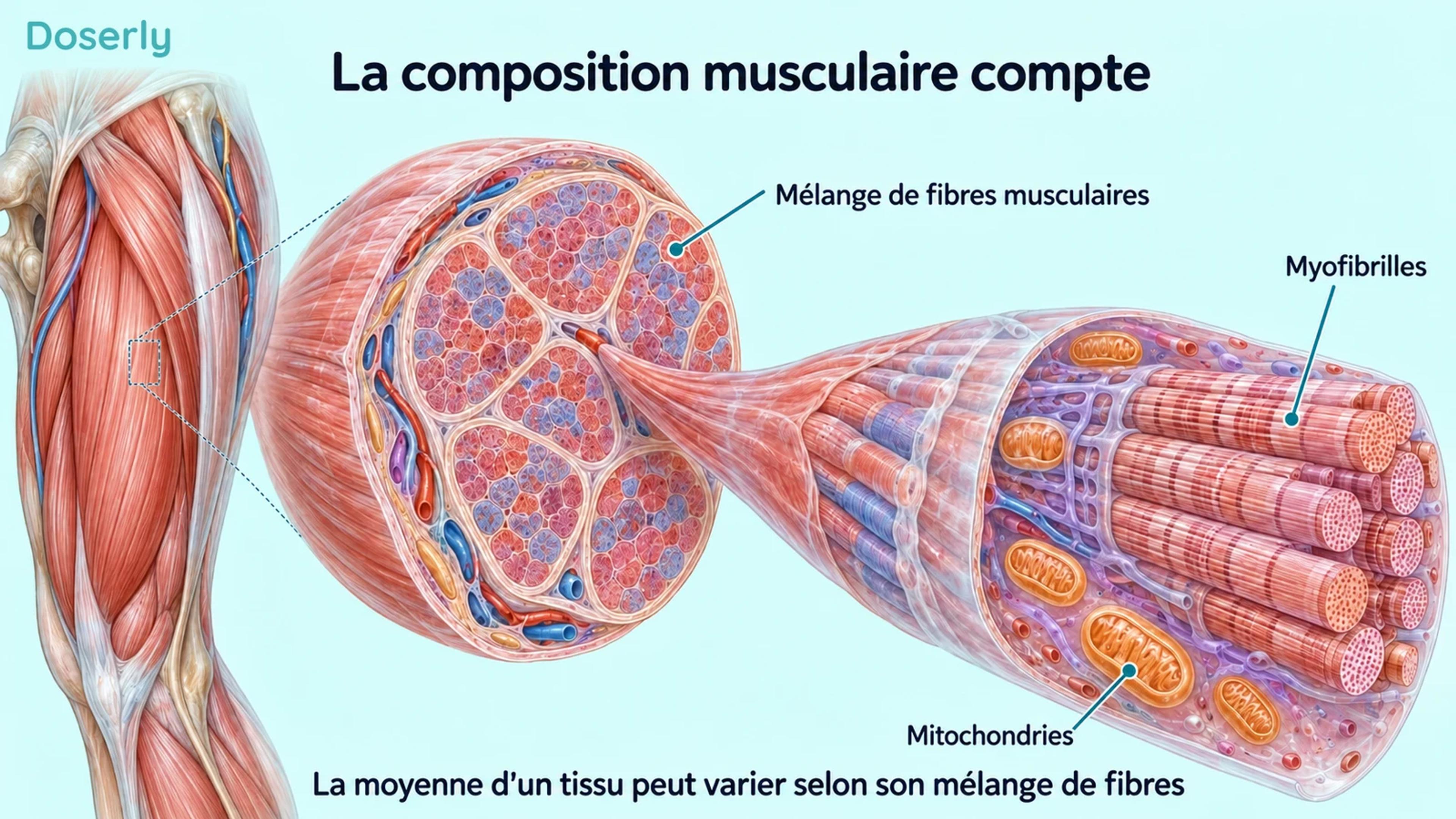 Un faisceau musculaire et une fibre agrandie montrent un mélange de fibres, des myofibrilles internes et des mitochondries.