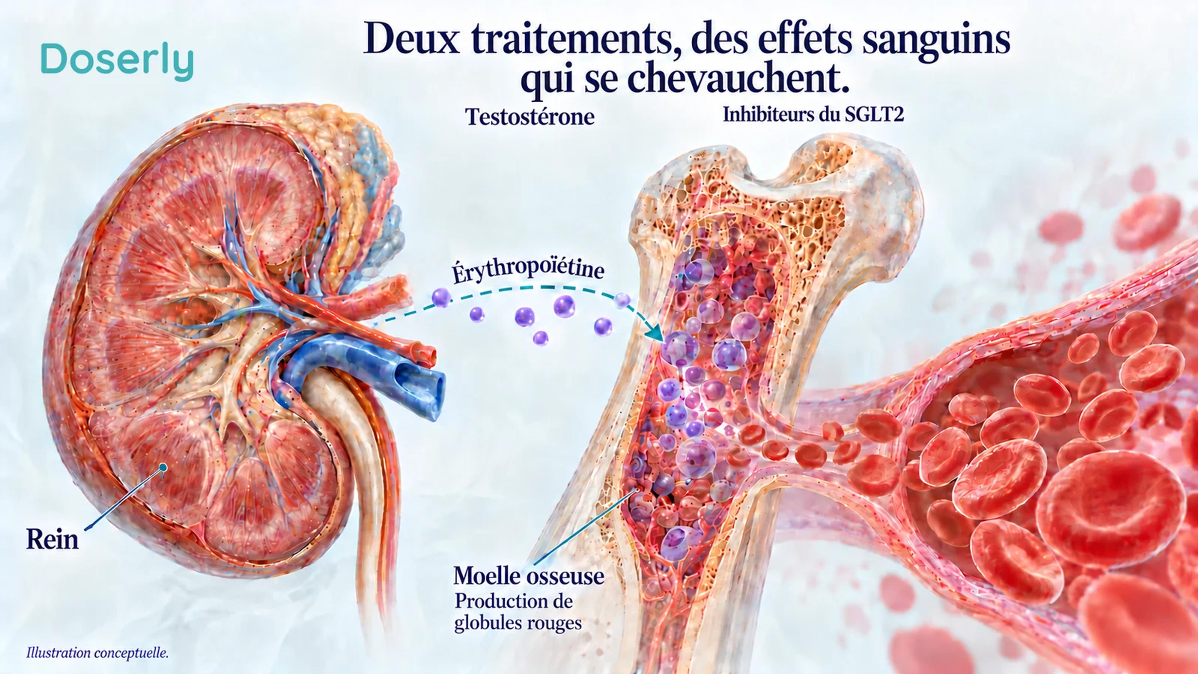 Un rein, une coupe de moelle osseuse et des globules rouges circulants montrent les systèmes physiologiques qui interviennent dans la réponse à la testostérone et aux inhibiteurs du SGLT2.