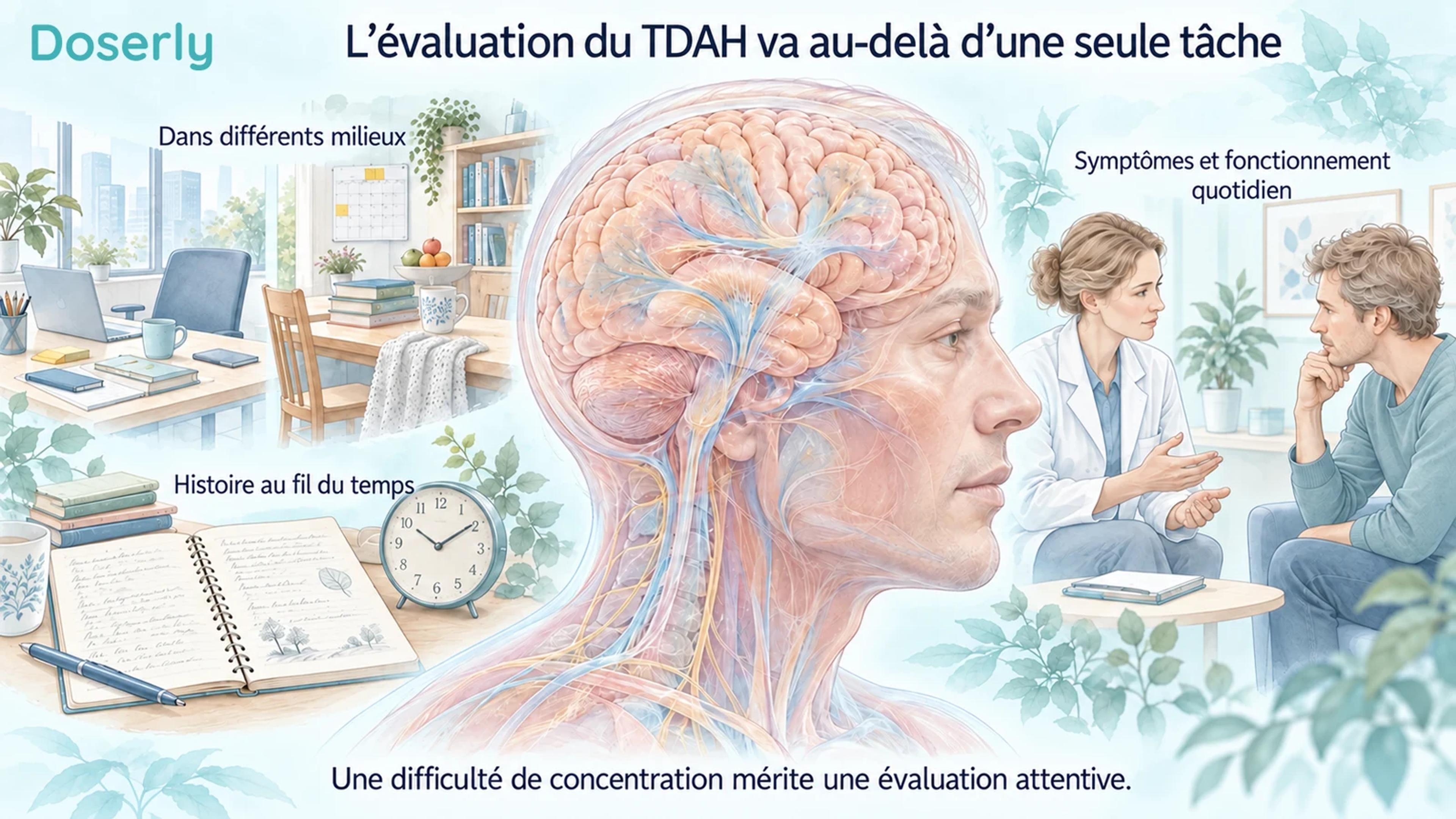 Illustration détaillée du cerveau avec les milieux de travail et de vie à la maison, l’histoire au fil du temps et une conversation clinique.