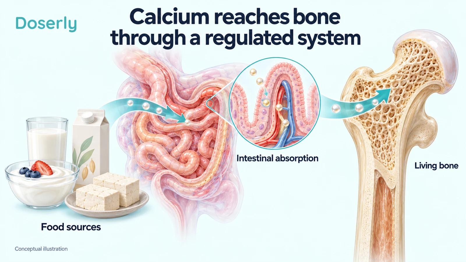 Calcium-containing foods and an intestinal villus connect to a detailed cutaway of living bone with its mineralized framework.