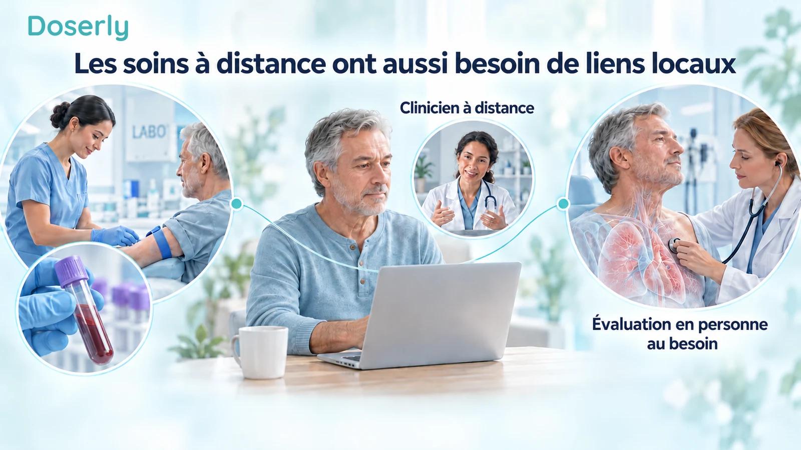 Un patient utilise une consultation vidéo entre des illustrations d’un prélèvement sanguin local et d’un examen thoracique en personne.