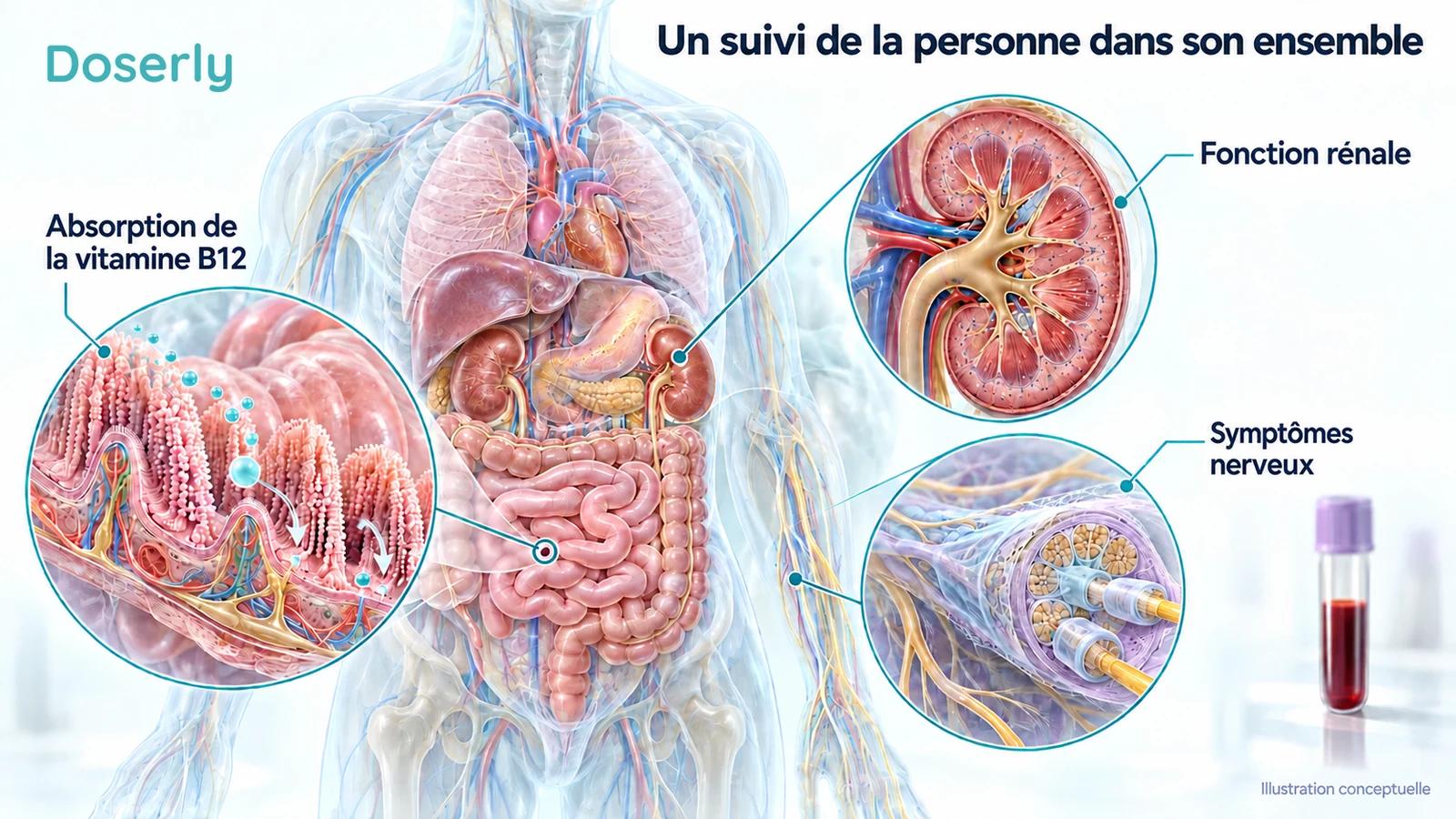 Représentation conceptuelle de l’intestin, de l’absorption de la vitamine B12, d’un nerf périphérique et du rein illustrant des éléments à surveiller.