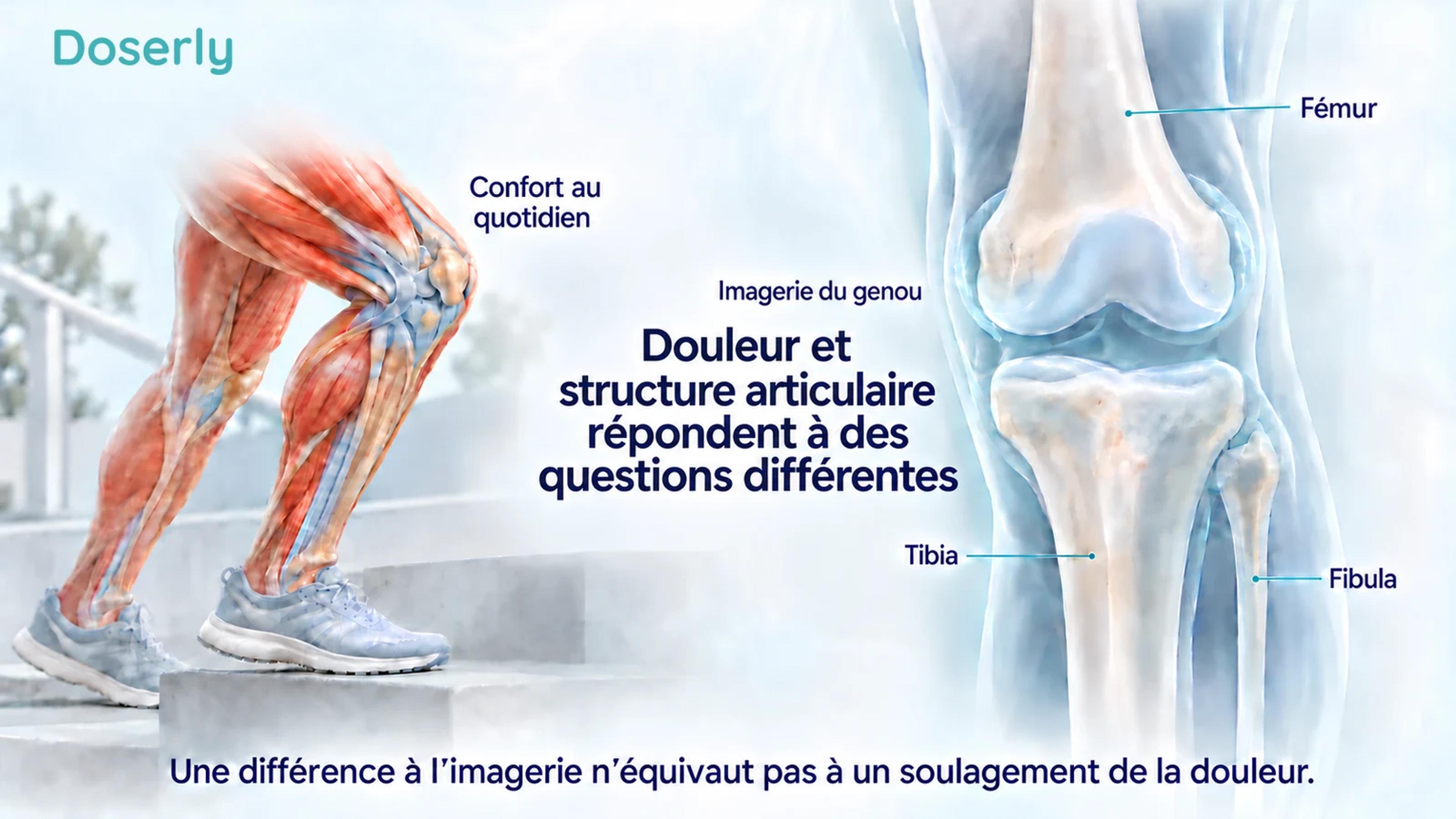 L’illustration d’une jambe prenant appui sur une marche accompagne une représentation conceptuelle d’imagerie du genou montrant le fémur, le tibia et la fibula.