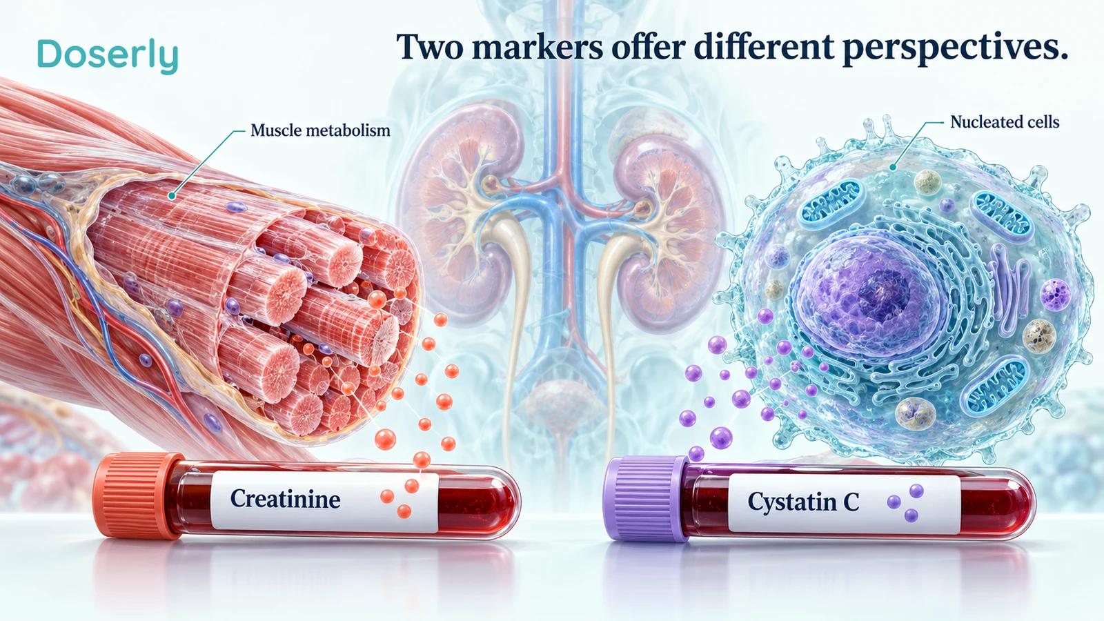 Muscle fibers and a nucleated cell accompany separate blood-marker specimens.