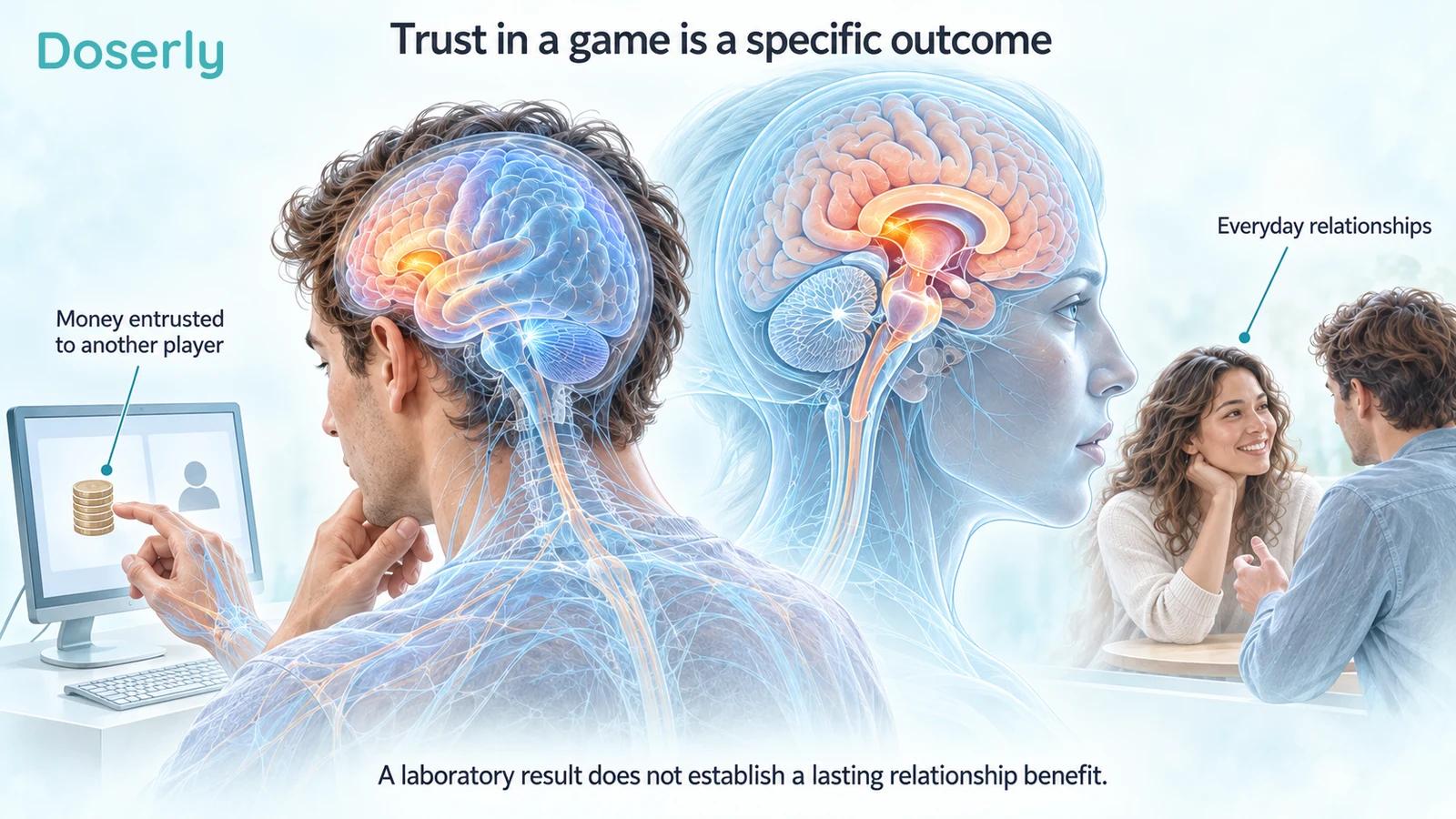 A participant making a monetary trust-game decision beside a separate everyday conversation.