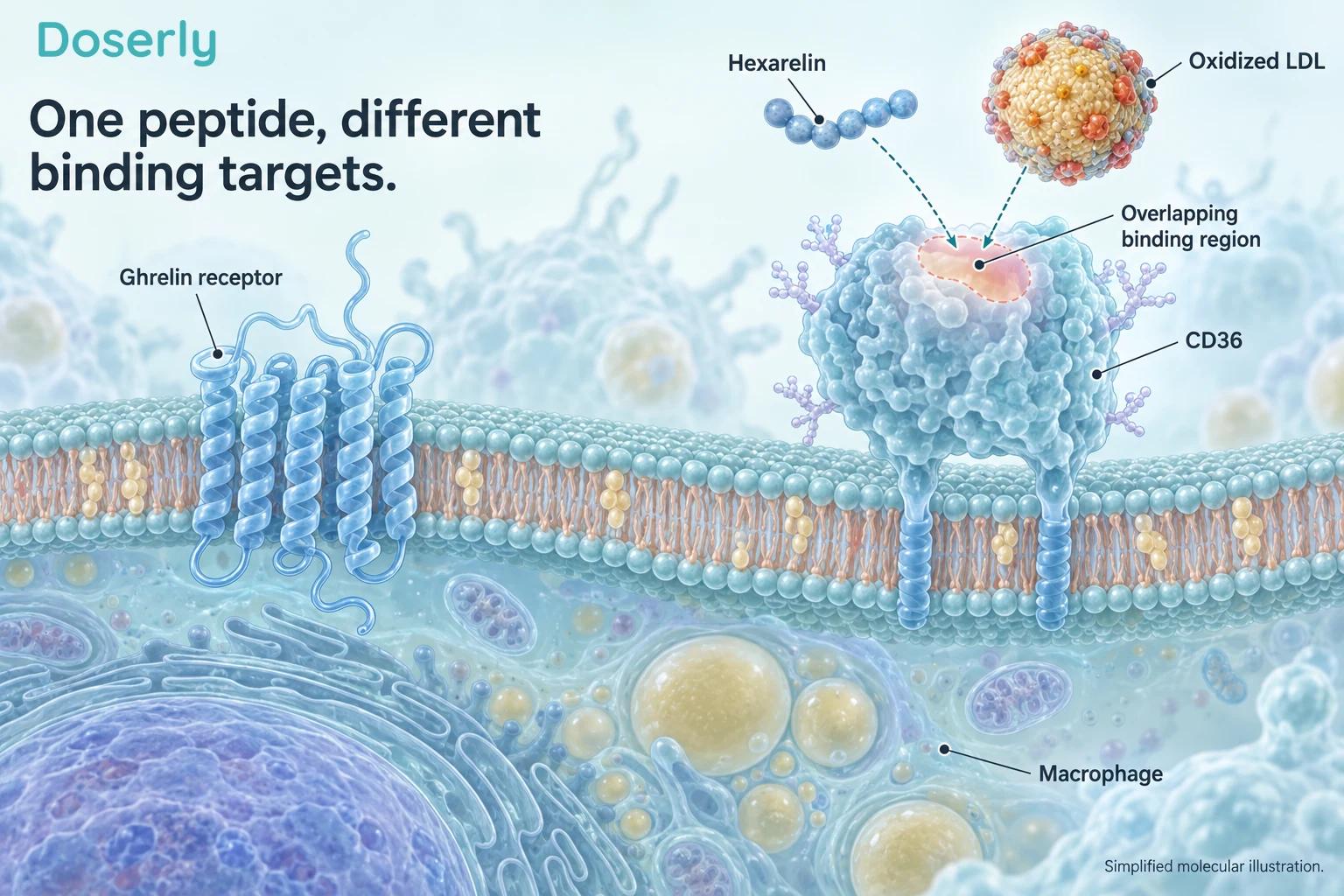 Simplified membrane illustration distinguishing the ghrelin receptor from CD36 and showing an overlapping hexarelin and oxidized-LDL binding region