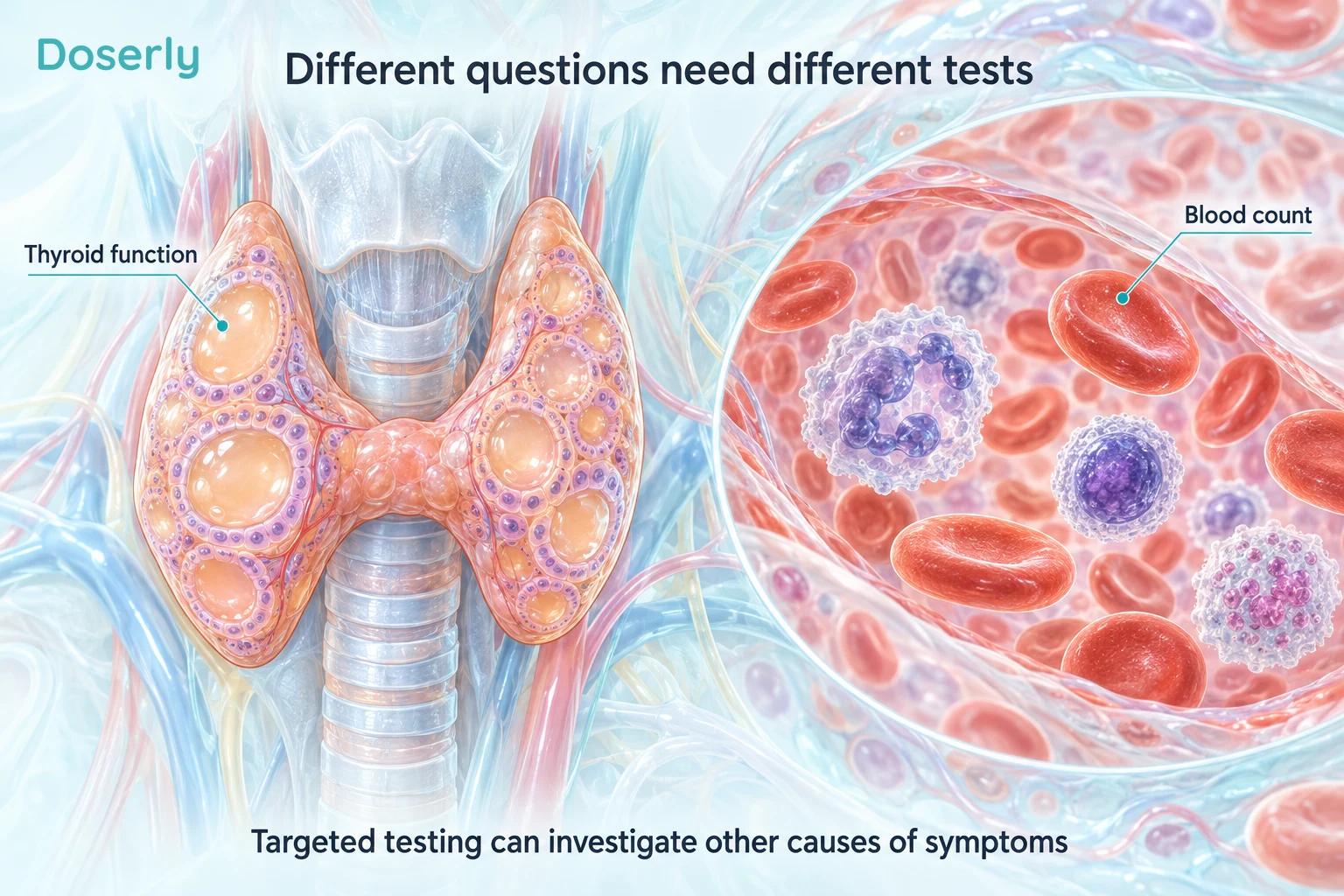 Thyroid follicles and blood cells illustrate targeted tests for other possible causes of symptoms.