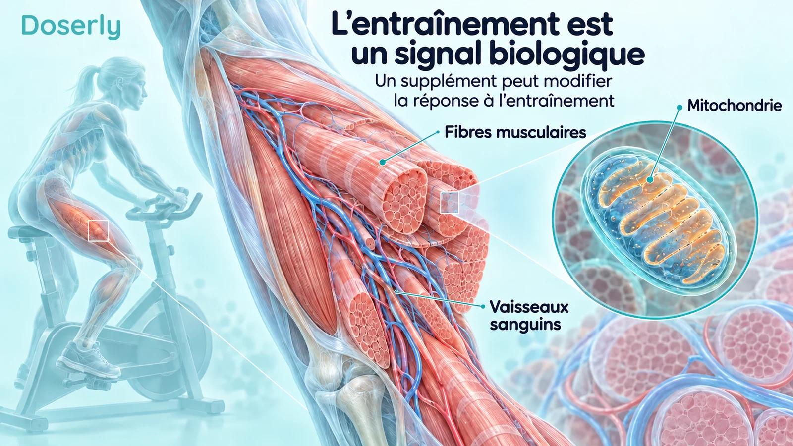 Cycliste avec agrandissement des fibres musculaires de la cuisse, des vaisseaux sanguins et d’une mitochondrie illustrant l’adaptation à l’exercice.