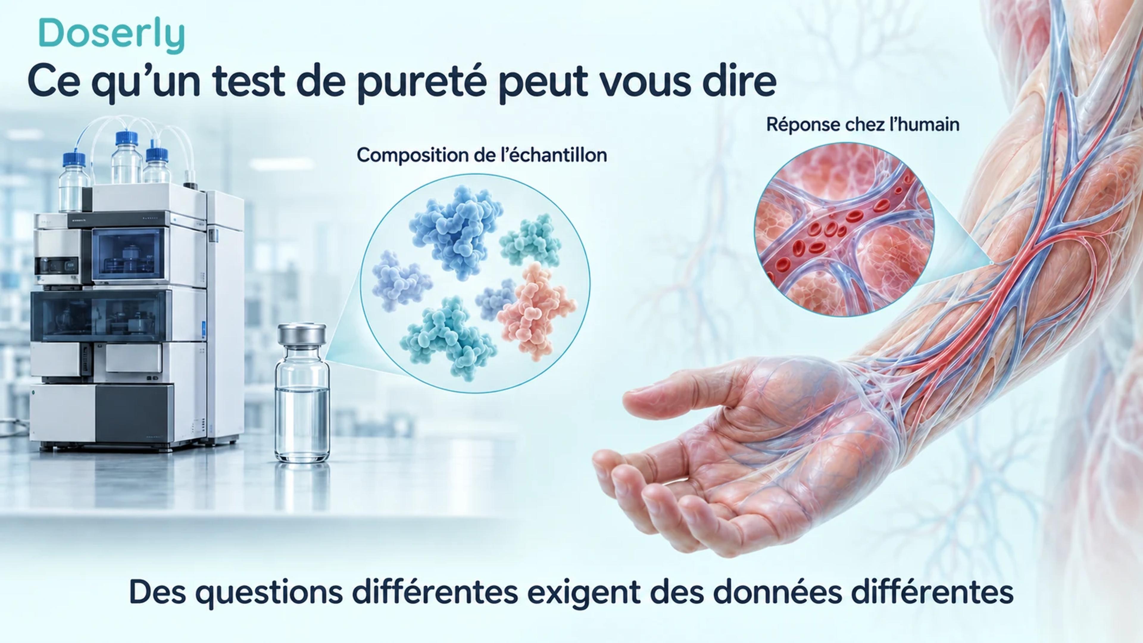 Un appareil de chromatographie et un échantillon conceptuel de peptide, à côté d’un avant-bras humain translucide et d’un vaisseau sanguin présentés séparément.