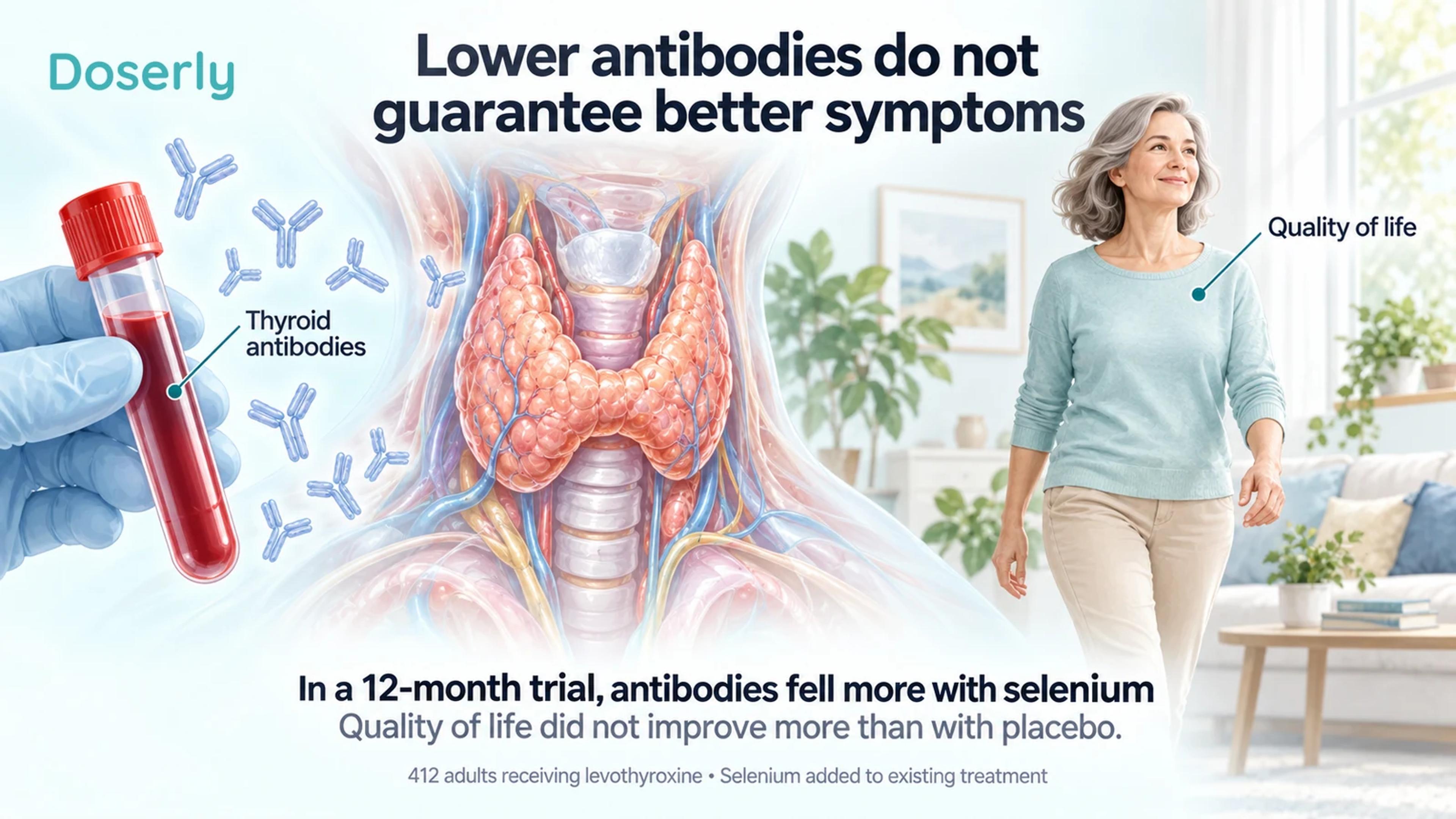 Thyroid anatomy and a blood sample are contrasted with a person representing quality of life, explaining the selenium trial's different outcomes.