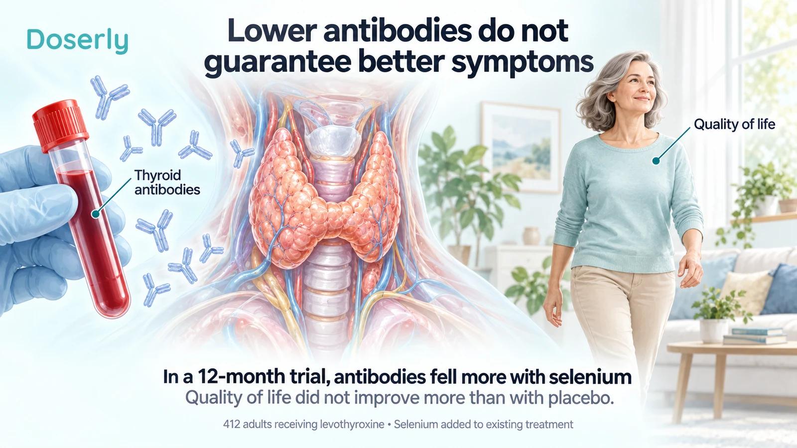 Thyroid anatomy and a blood sample are contrasted with a person representing quality of life, explaining the selenium trial's different outcomes.