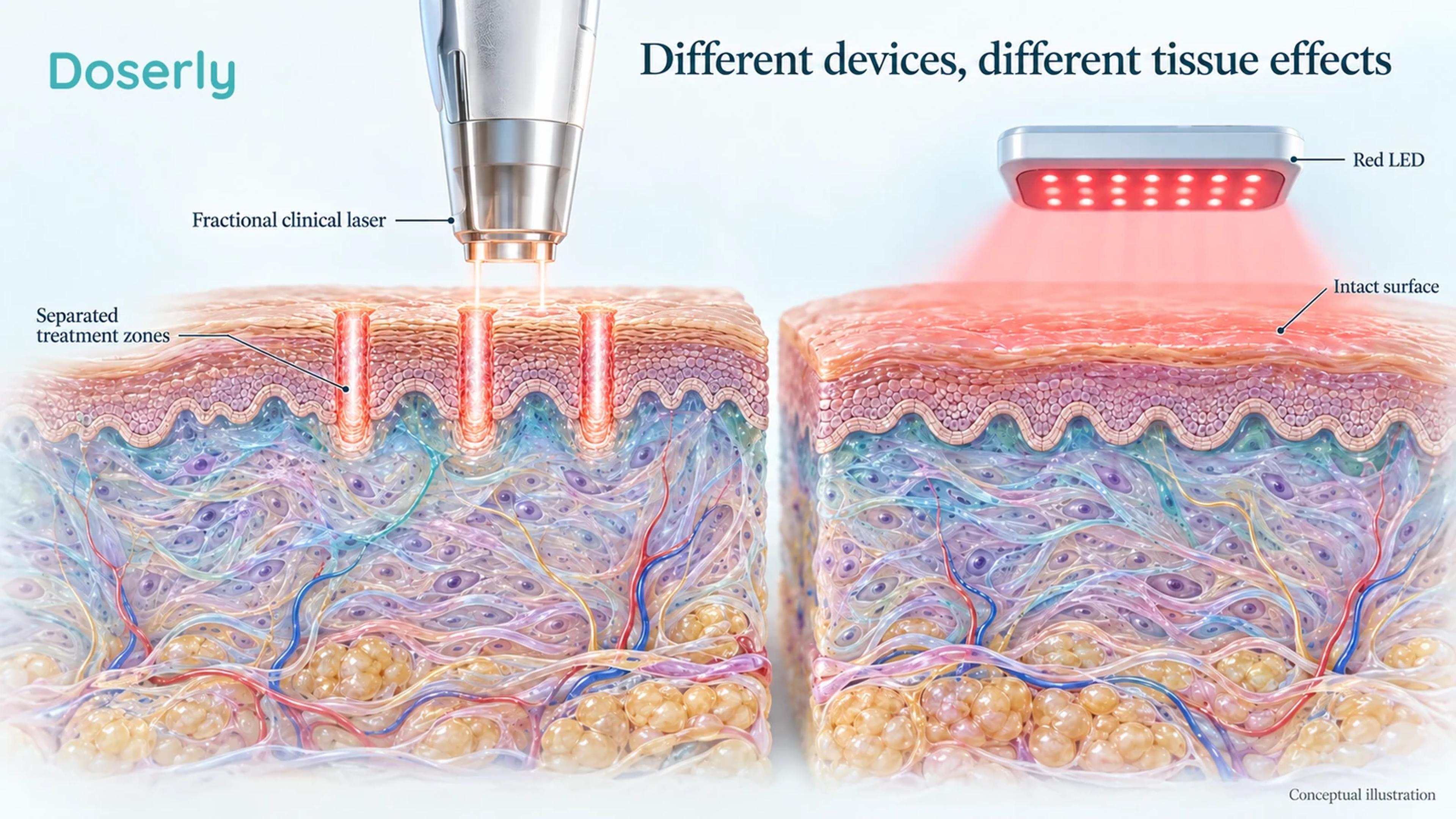 Conceptual comparison of fractional laser treatment columns and a red LED field over intact skin.