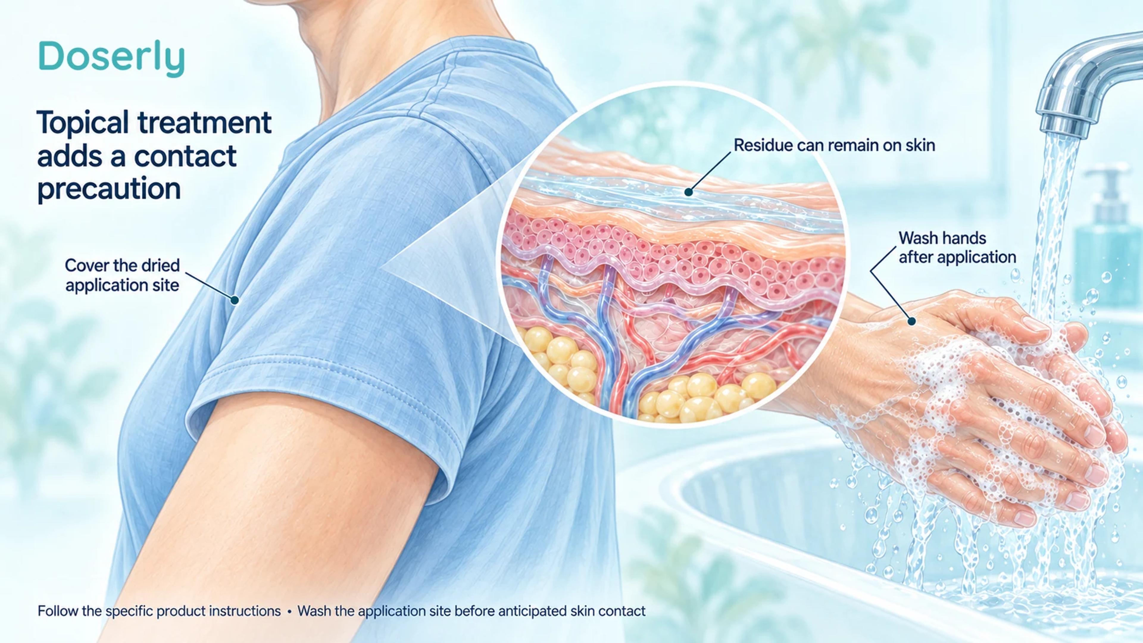 Illustrated covered upper arm, magnified residual gel on the skin surface and hands washing with soap explain topical testosterone contact precautions.