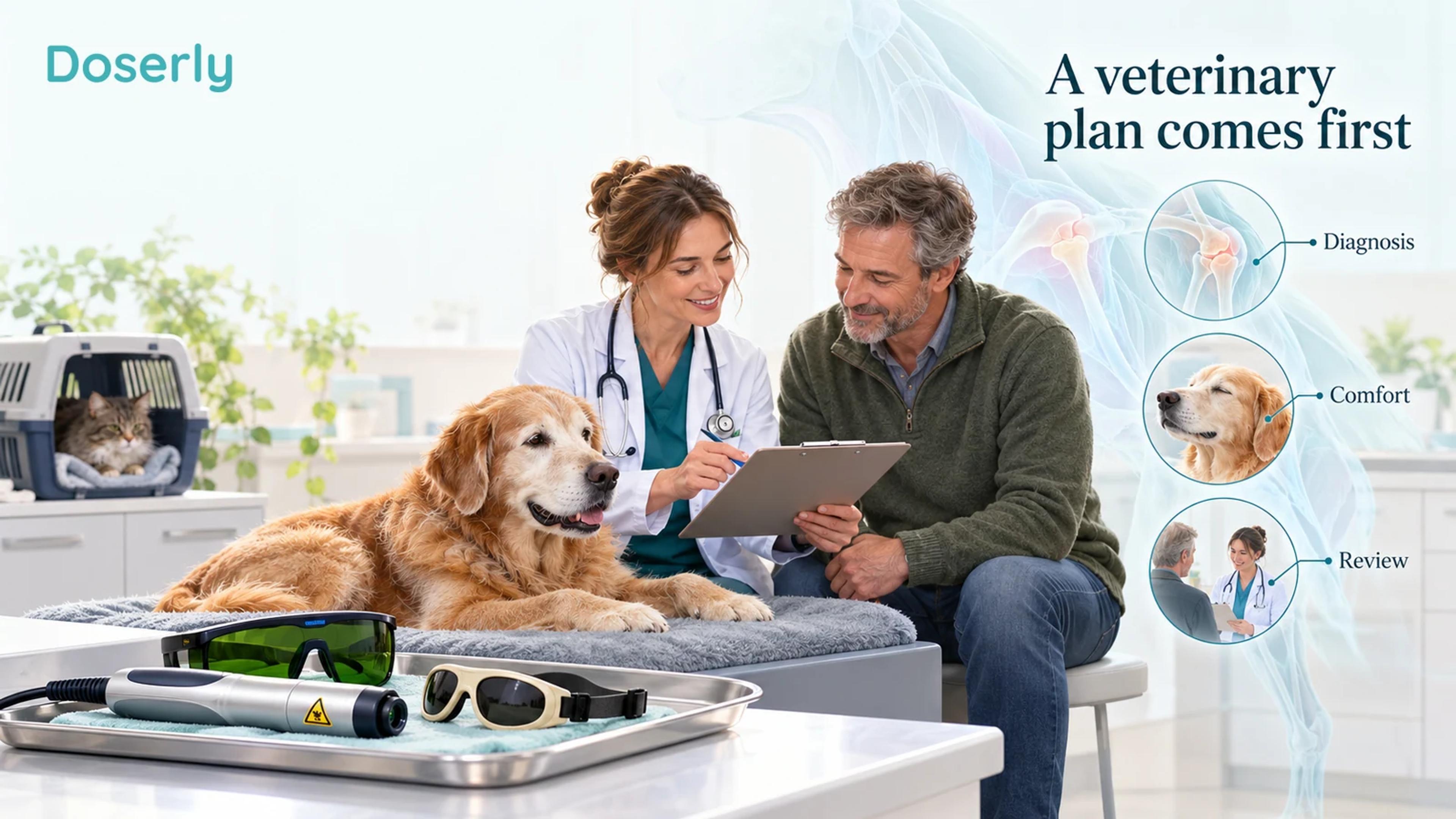 A veterinarian and owner review a care plan beside a relaxed dog, with protective eyewear and an inactive laser handpiece on a separate tray.