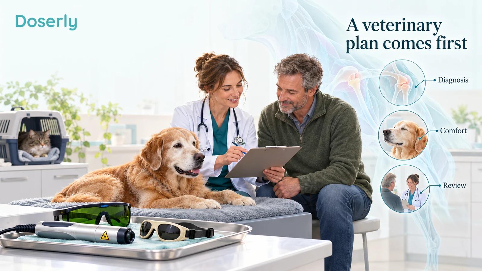 A veterinarian and owner review a care plan beside a relaxed dog, with protective eyewear and an inactive laser handpiece on a separate tray.