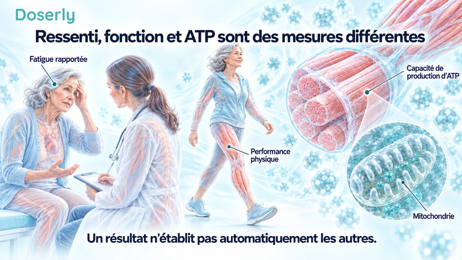 Comparaison illustrée de la fatigue rapportée, de la performance à la marche et de la capacité mitochondriale de production d’ATP.