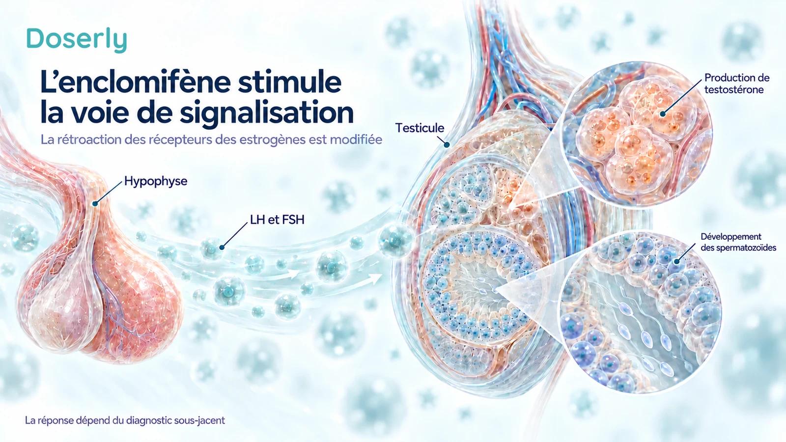 Une hypophyse isolée envoie des signaux conceptuels de LH et de FSH vers un testicule, avec des encadrés distincts montrant des cellules productrices de testostérone et des spermatozoïdes en développement.