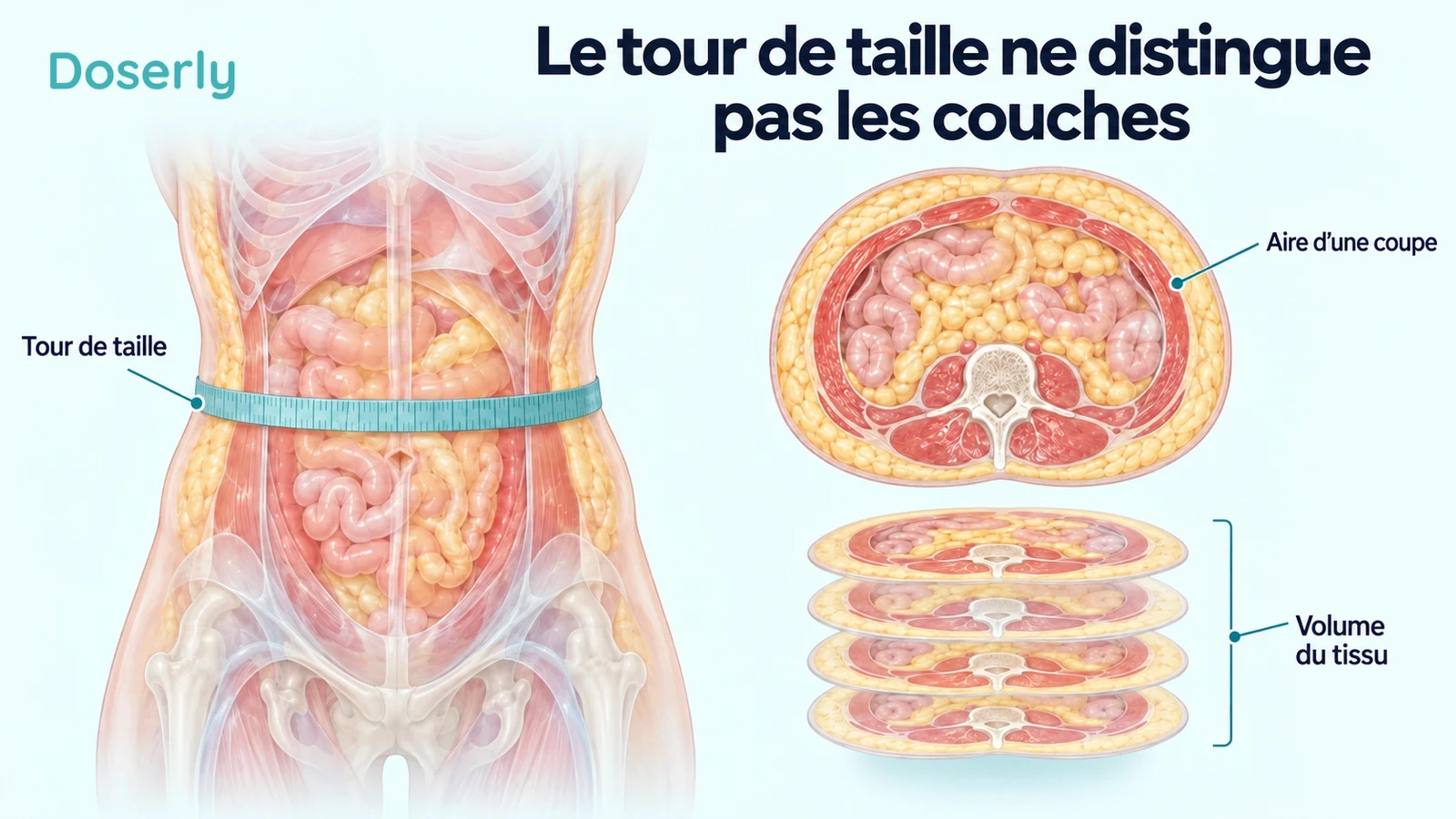 Ruban à mesurer le tour de taille à côté d’une coupe anatomique et d’une pile de coupes illustrant la circonférence, l’aire et le volume