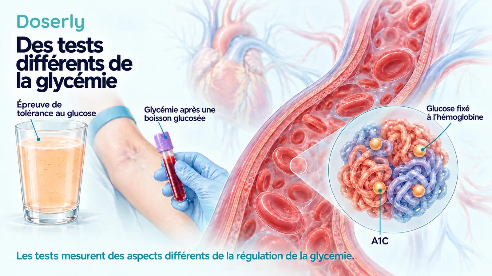 Une boisson glucosée et un échantillon de sang à côté de globules rouges agrandis et d’une illustration conceptuelle de l’hémoglobine, pour expliquer l’épreuve de tolérance au glucose et l’A1C.