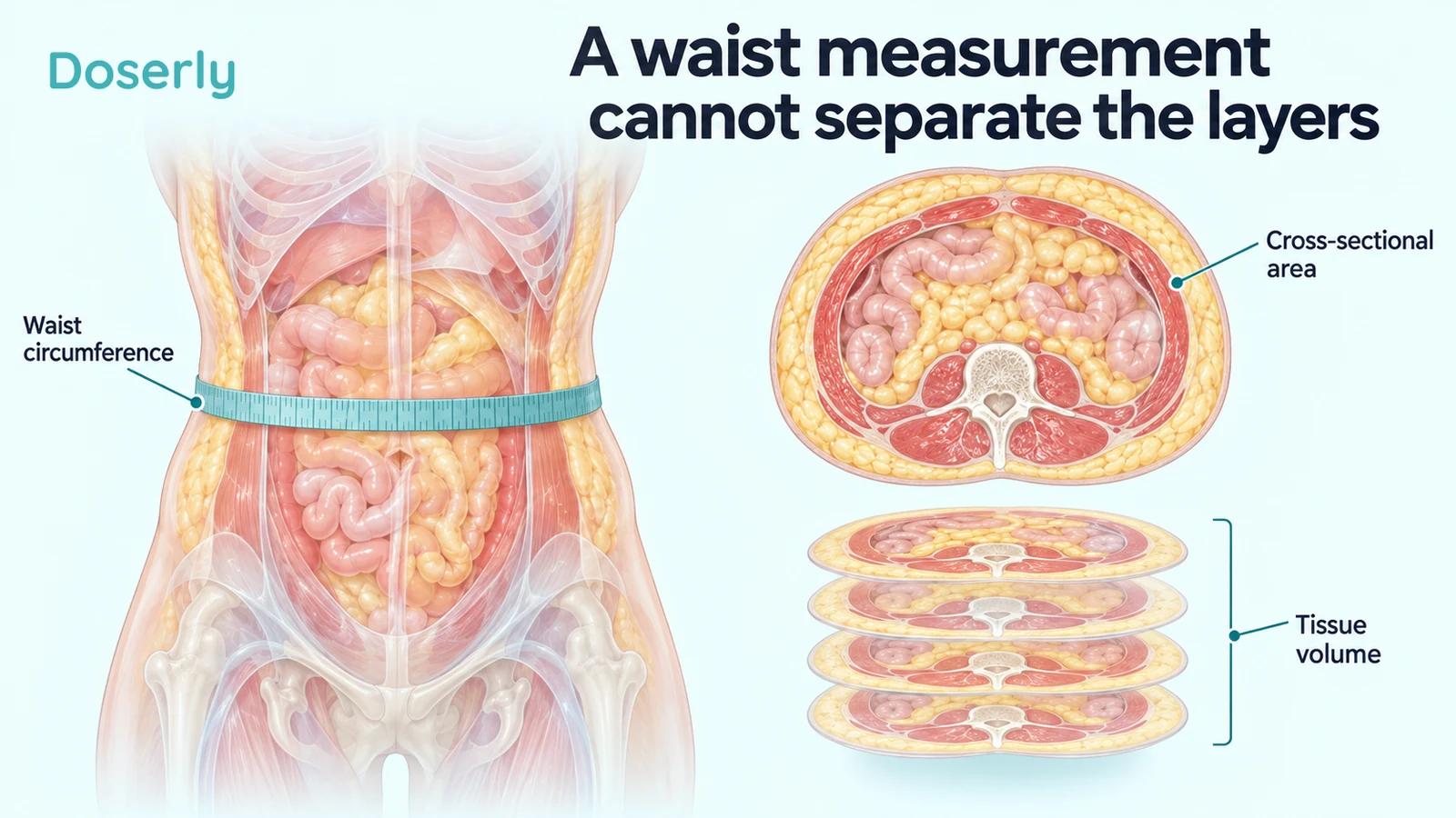 Waist tape beside an anatomical cross-section and a stack of slices illustrating circumference, area, and volume