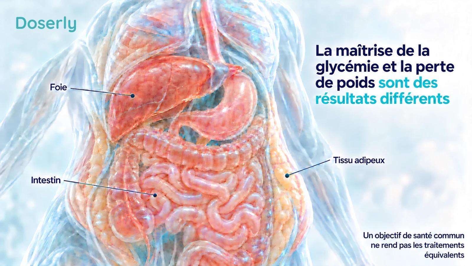 Un torse translucide détaillé montre le foie, l’intestin et le tissu adipeux à côté d’un énoncé précisant que la maîtrise de la glycémie et la perte de poids sont des résultats différents.
