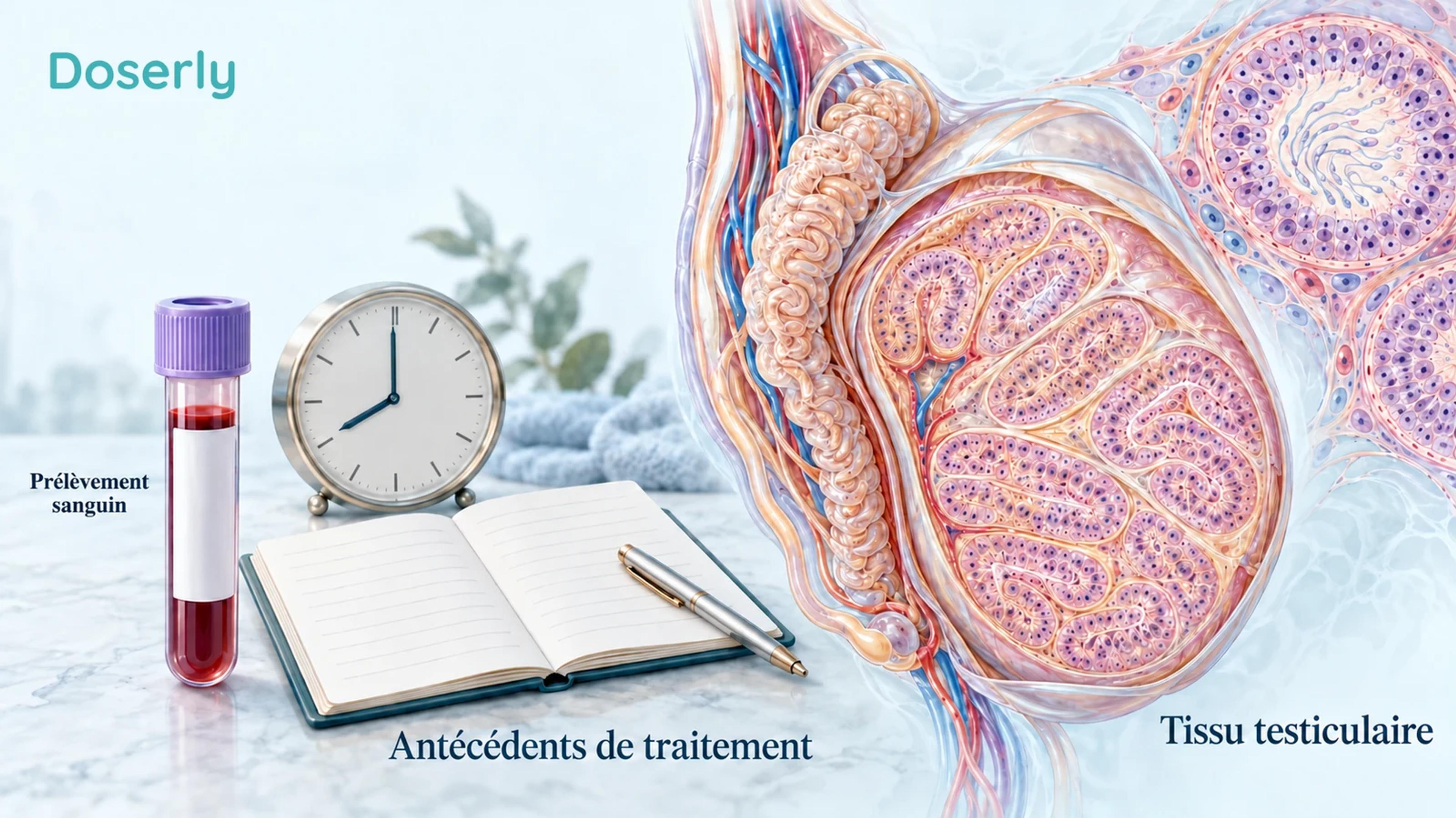 Un prélèvement sanguin, un historique médicamenteux et une horloge matinale accompagnent une anatomie testiculaire conceptuelle.