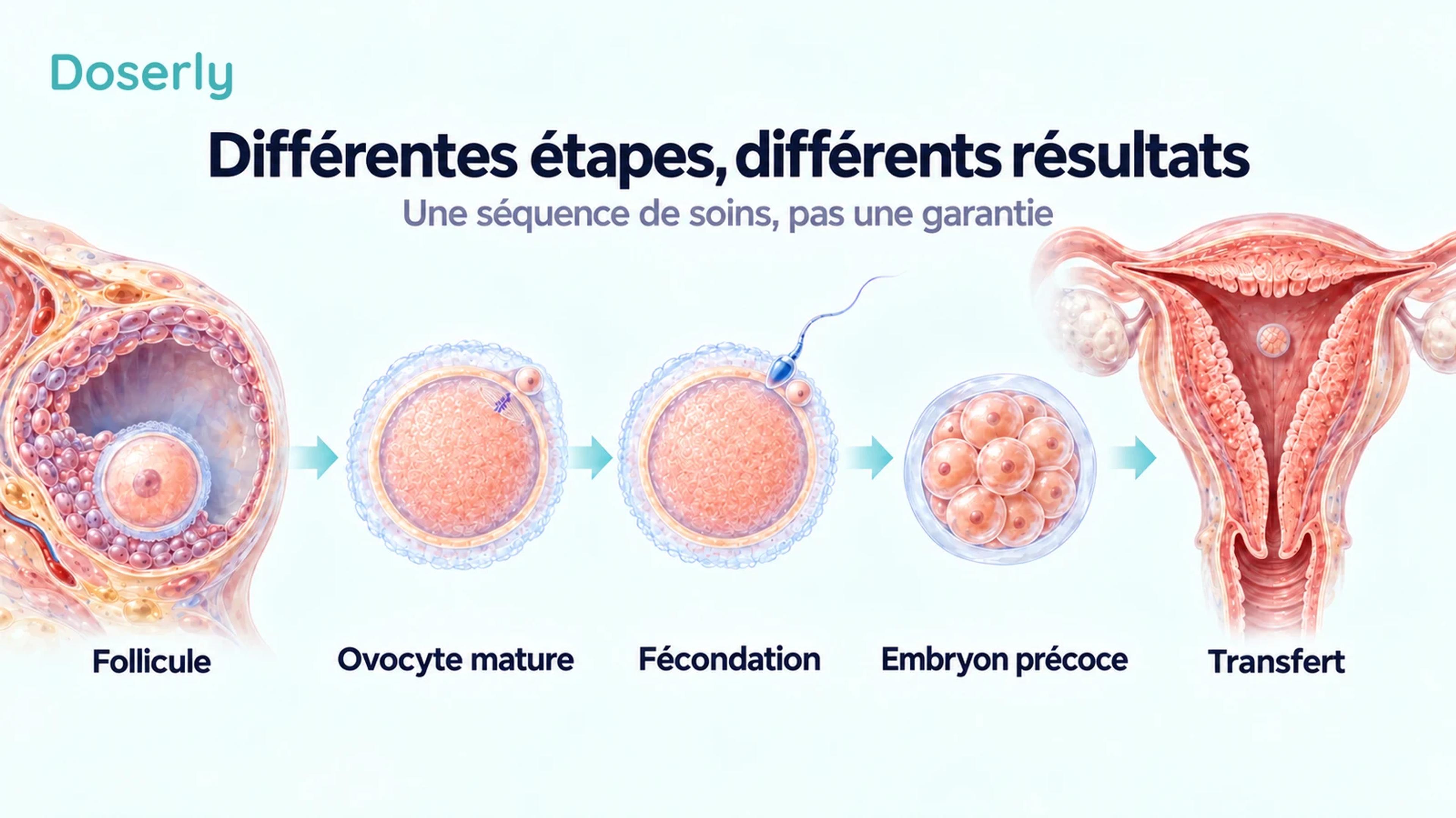 Un follicule suivi d’un ovocyte mature en métaphase II avec un premier globule polaire et sans noyau intact, du premier contact avec un spermatozoïde, d’un embryon précoce et du transfert dans l’utérus.