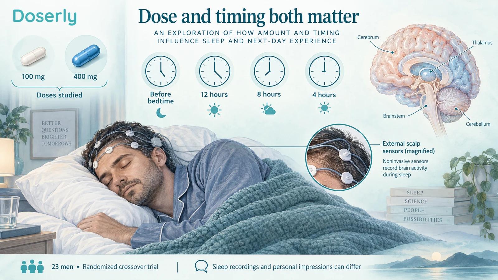 An illustrated sleeper with scalp sensors sits beside two caffeine capsules labeled 100 mg and 400 mg, emphasizing dose and timing as separate variables.