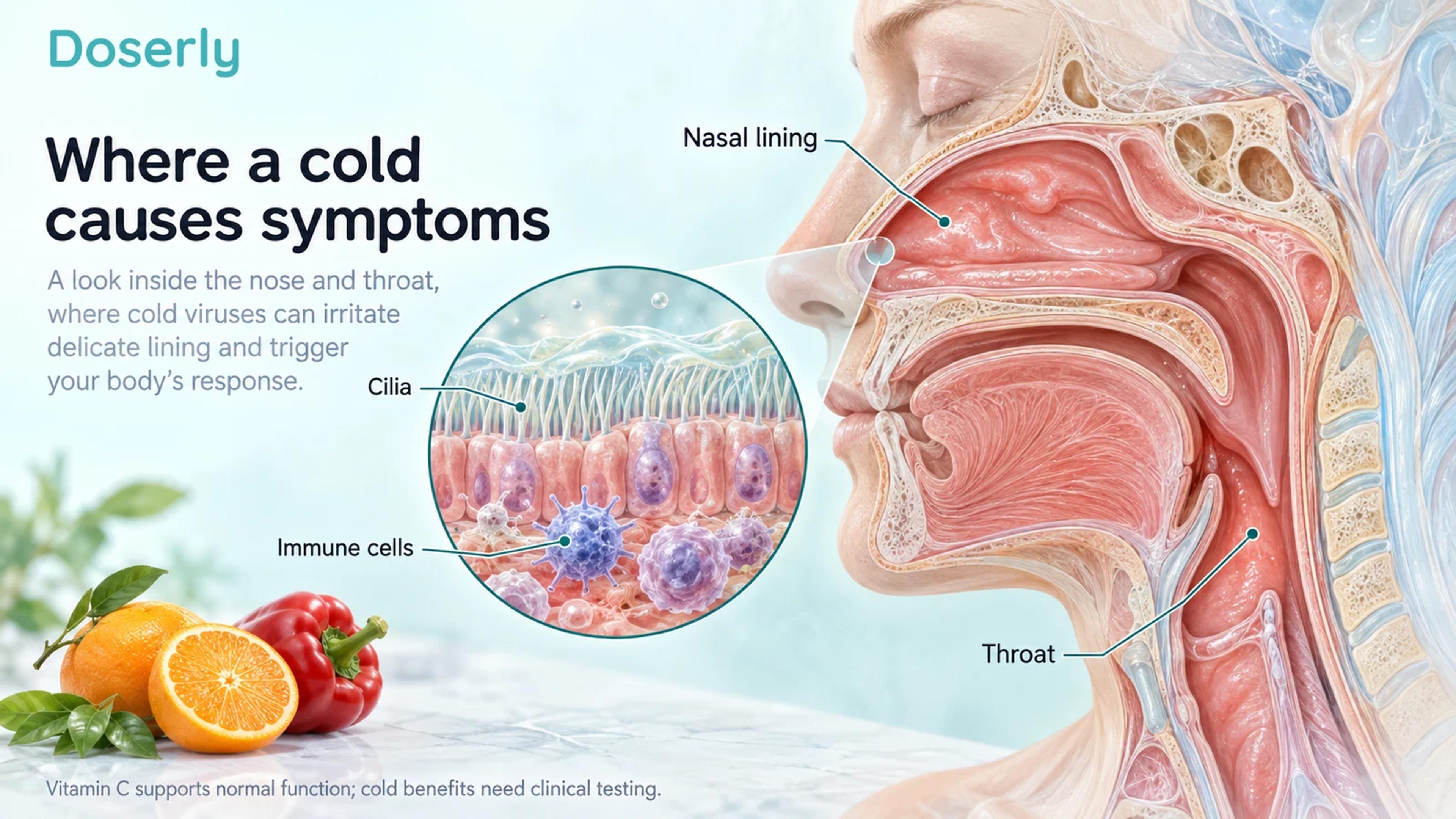 A detailed head-and-neck cutaway and enlarged ciliated airway lining show the nose, throat and immune cells involved in cold symptoms.