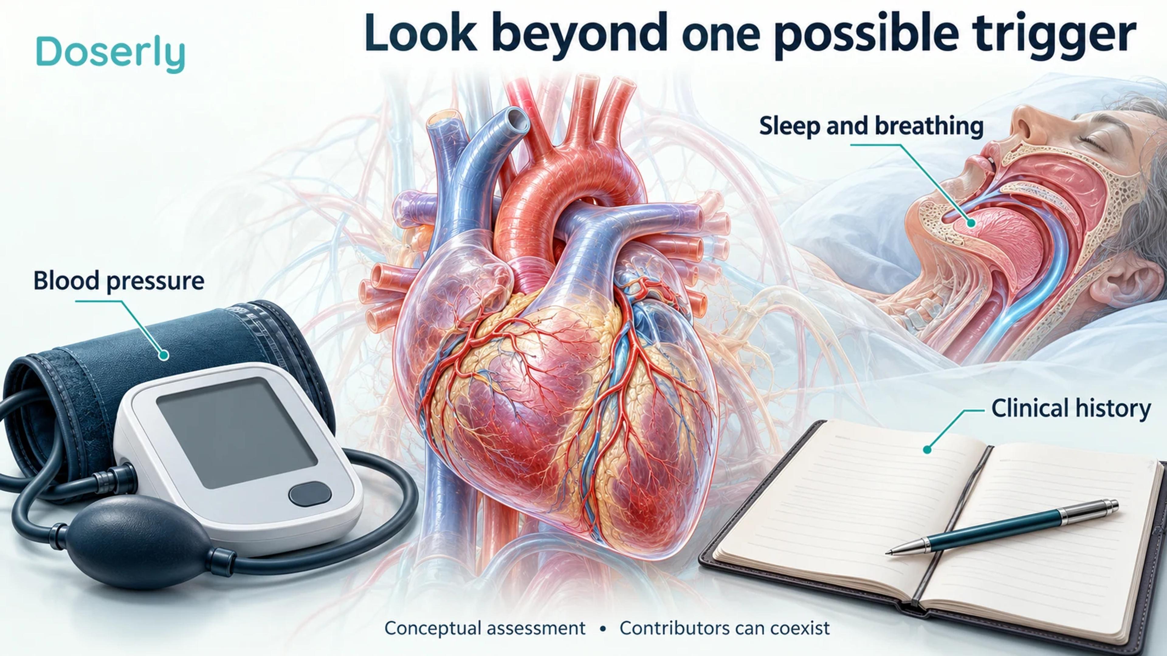 A cardiac model is shown alongside a blood-pressure cuff, sleep airway inset and clinical history notebook.