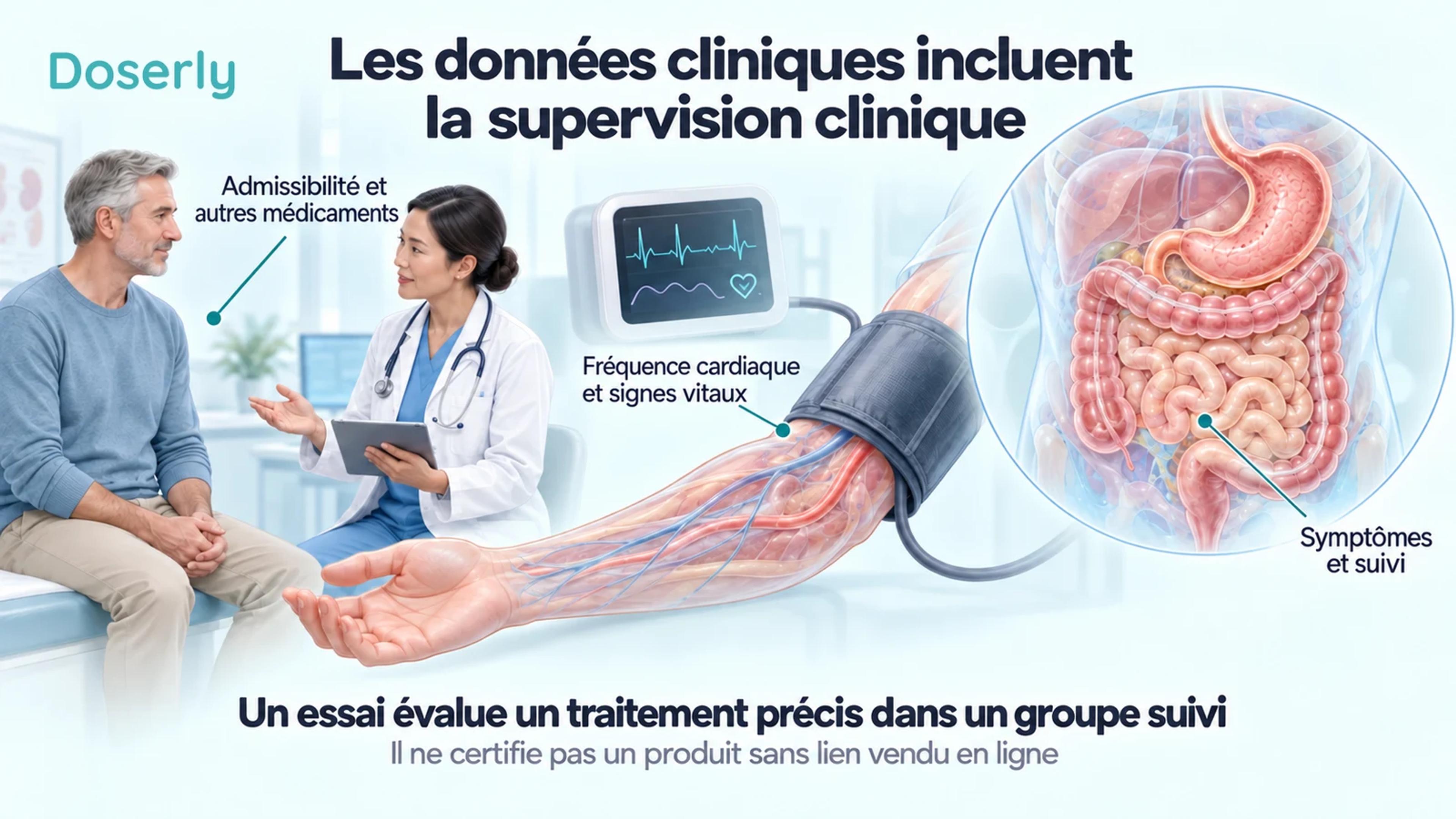 Une consultation clinique, un bras agrandi portant un brassard de mesure des signes vitaux et l’anatomie digestive expliquent des aspects distincts du suivi en essai.