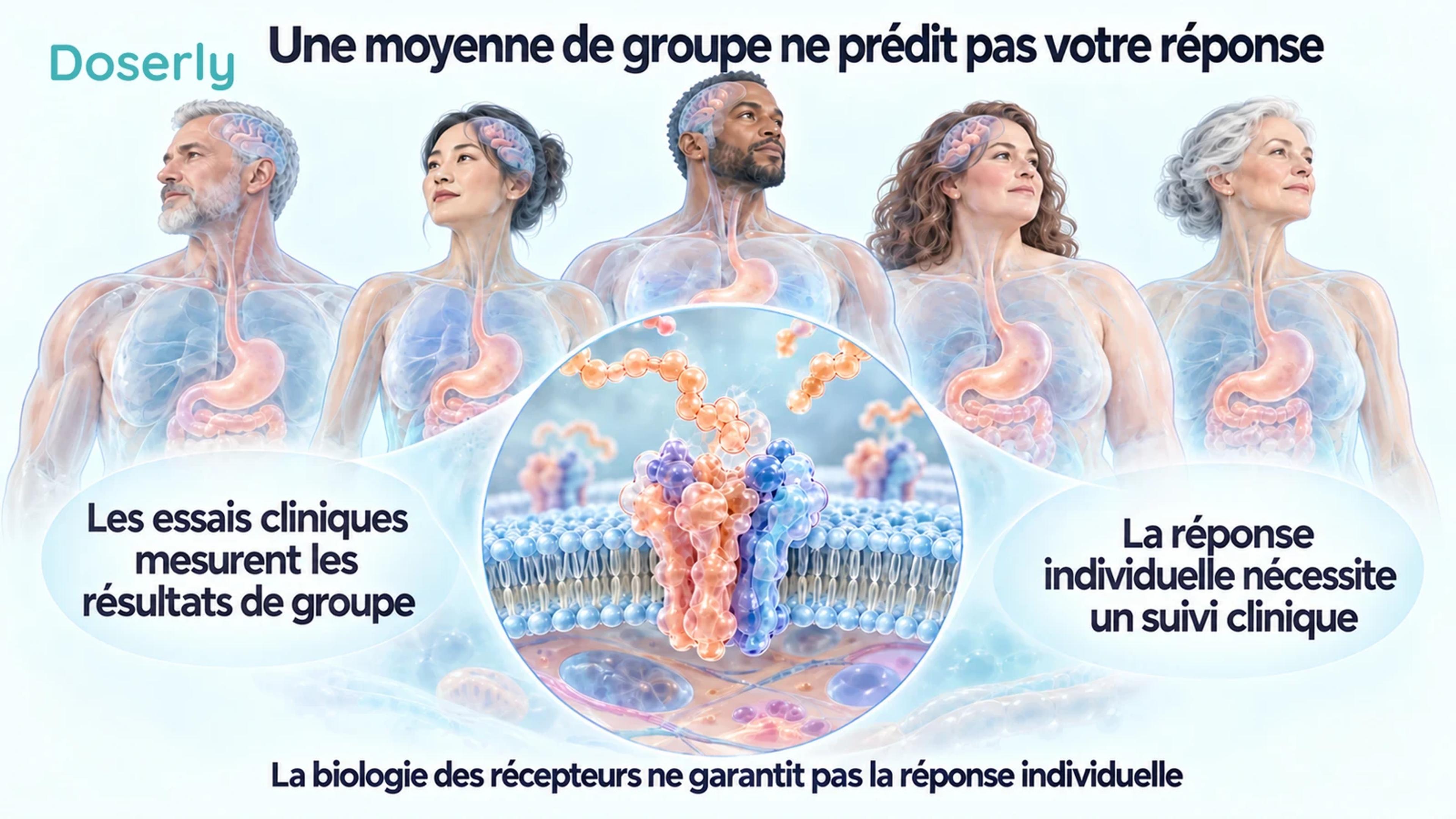 Des adultes de divers horizons et une représentation conceptuelle d’un récepteur illustrent la différence entre les données de groupe et la prédiction individuelle