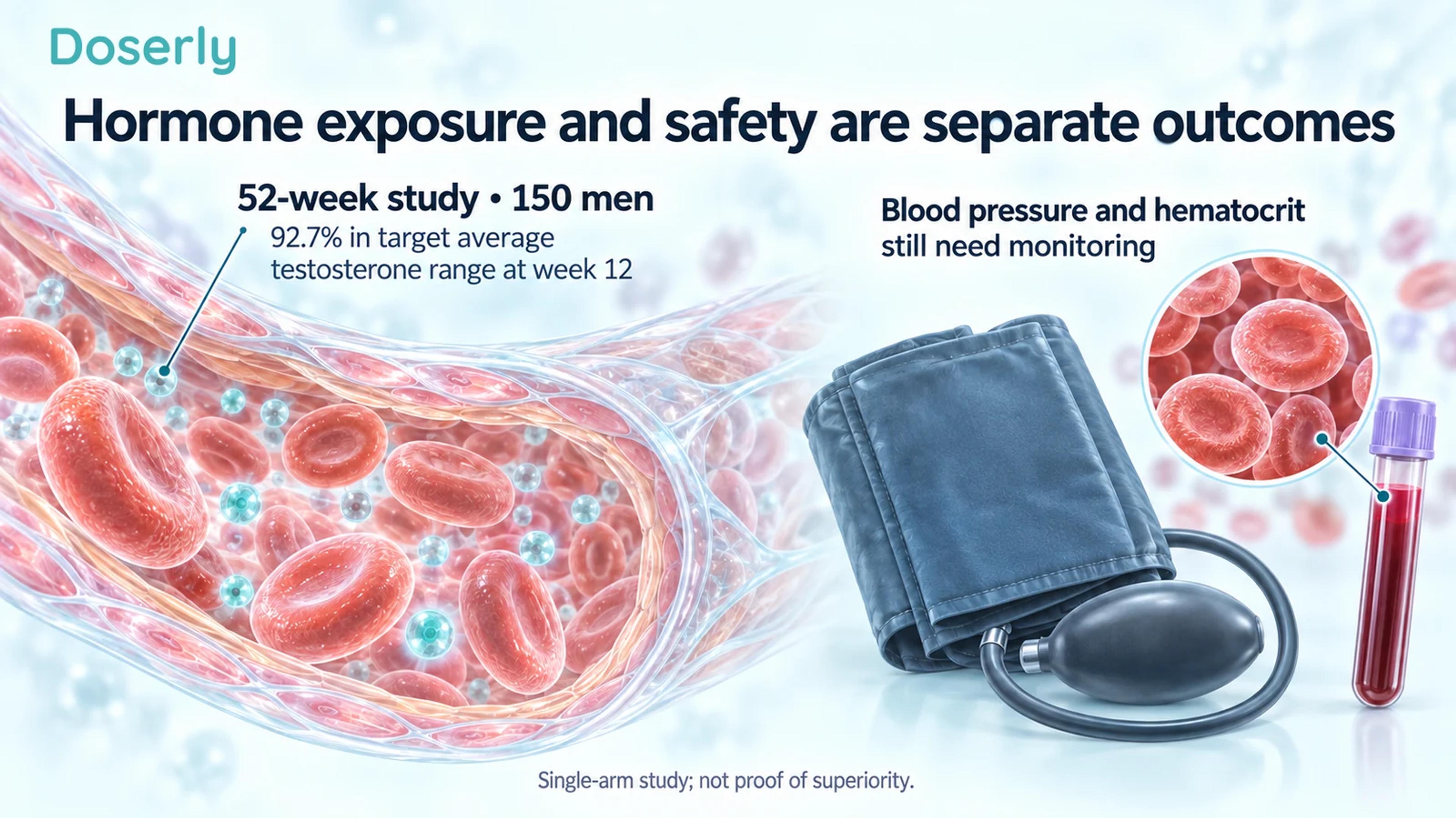 An illustrated blood vessel with hormone particles accompanies the 150-man study and its 92.7 percent week-12 exposure result, beside blood-pressure and hematocrit monitoring imagery.