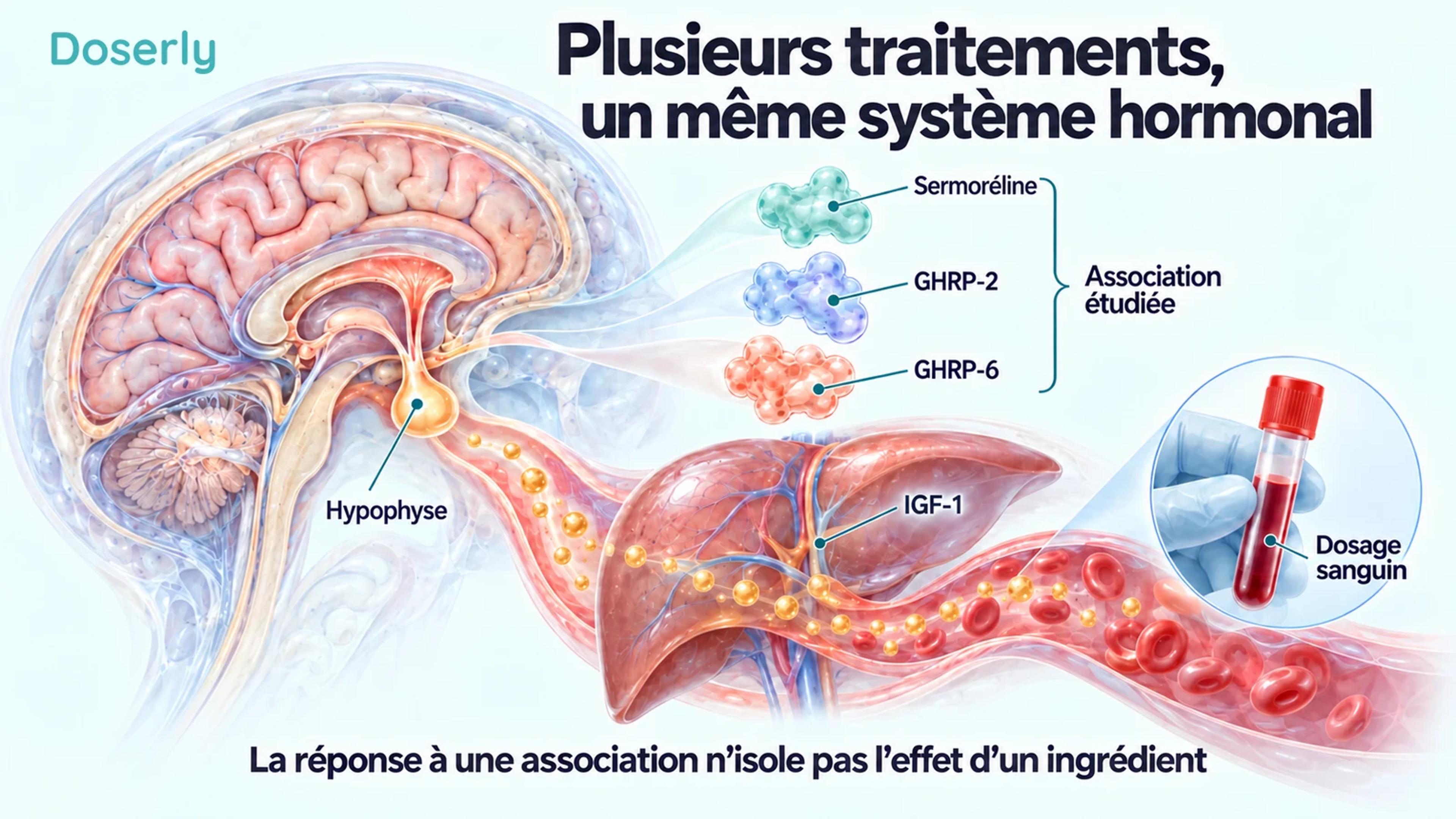 Anatomie de l’hypophyse et du foie à côté de trois formes conceptuelles de peptides portant les étiquettes sermoréline, GHRP-2 et GHRP-6, avec un échantillon de sang.