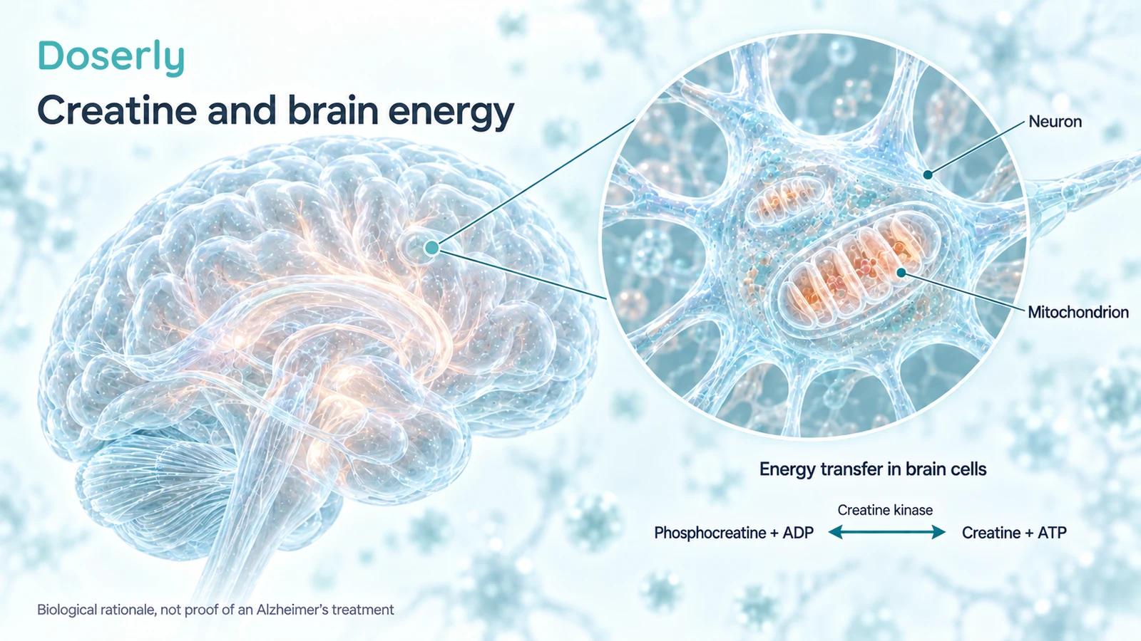 A translucent brain and magnified neuron illustrate mitochondria and the reversible creatine–phosphocreatine energy-transfer reaction.