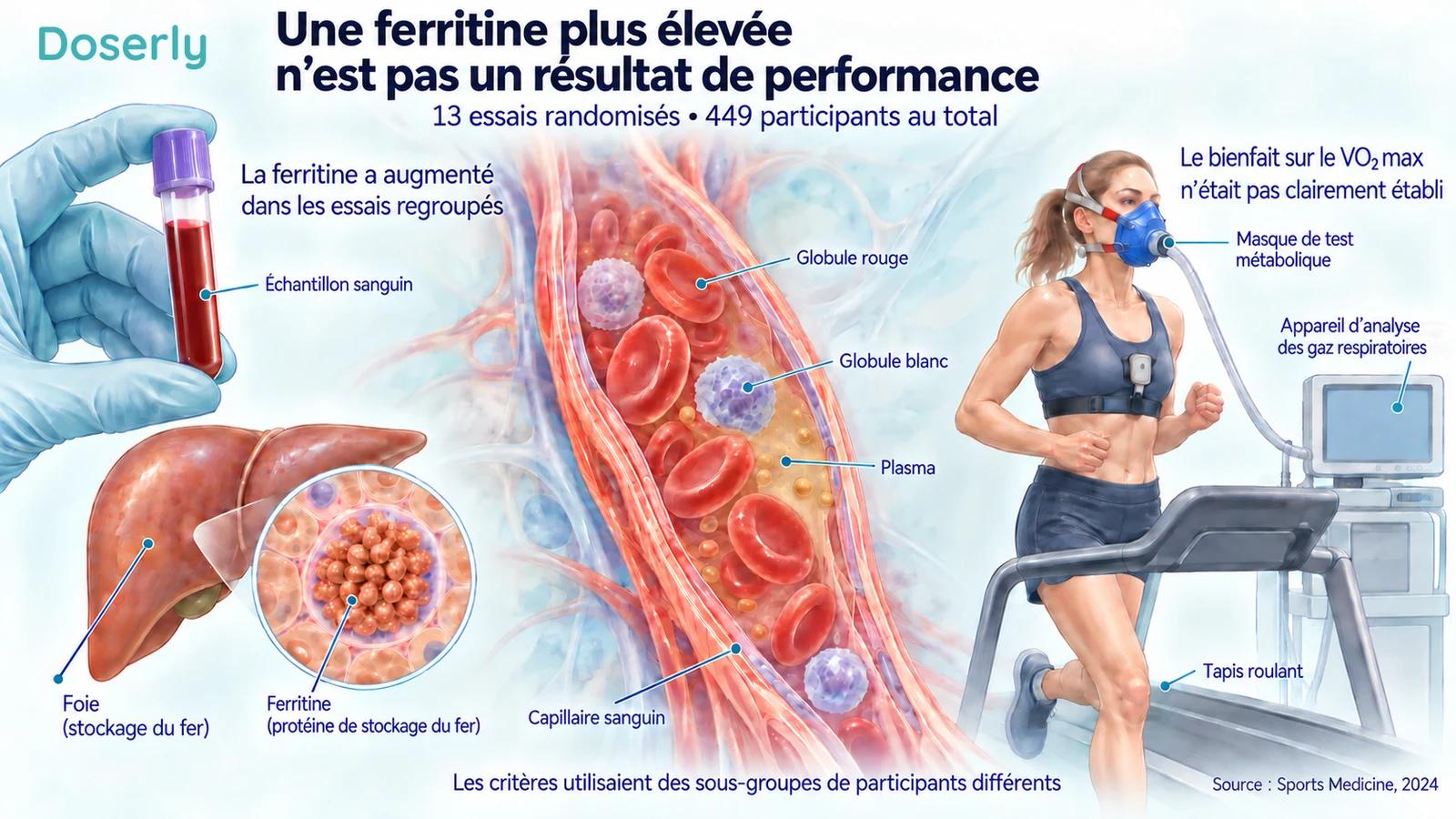 Prélèvement sanguin et anatomie du stockage du fer mis en parallèle avec une illustration d’un athlète passant un test métabolique à l’effort.
