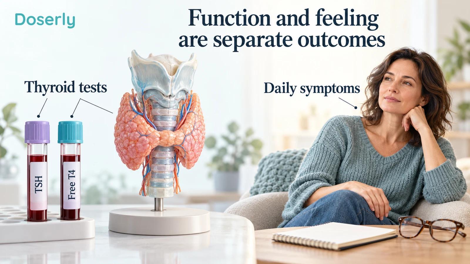 Blood-sample tubes, a conceptual thyroid model and a woman resting in a chair illustrate different treatment outcomes.