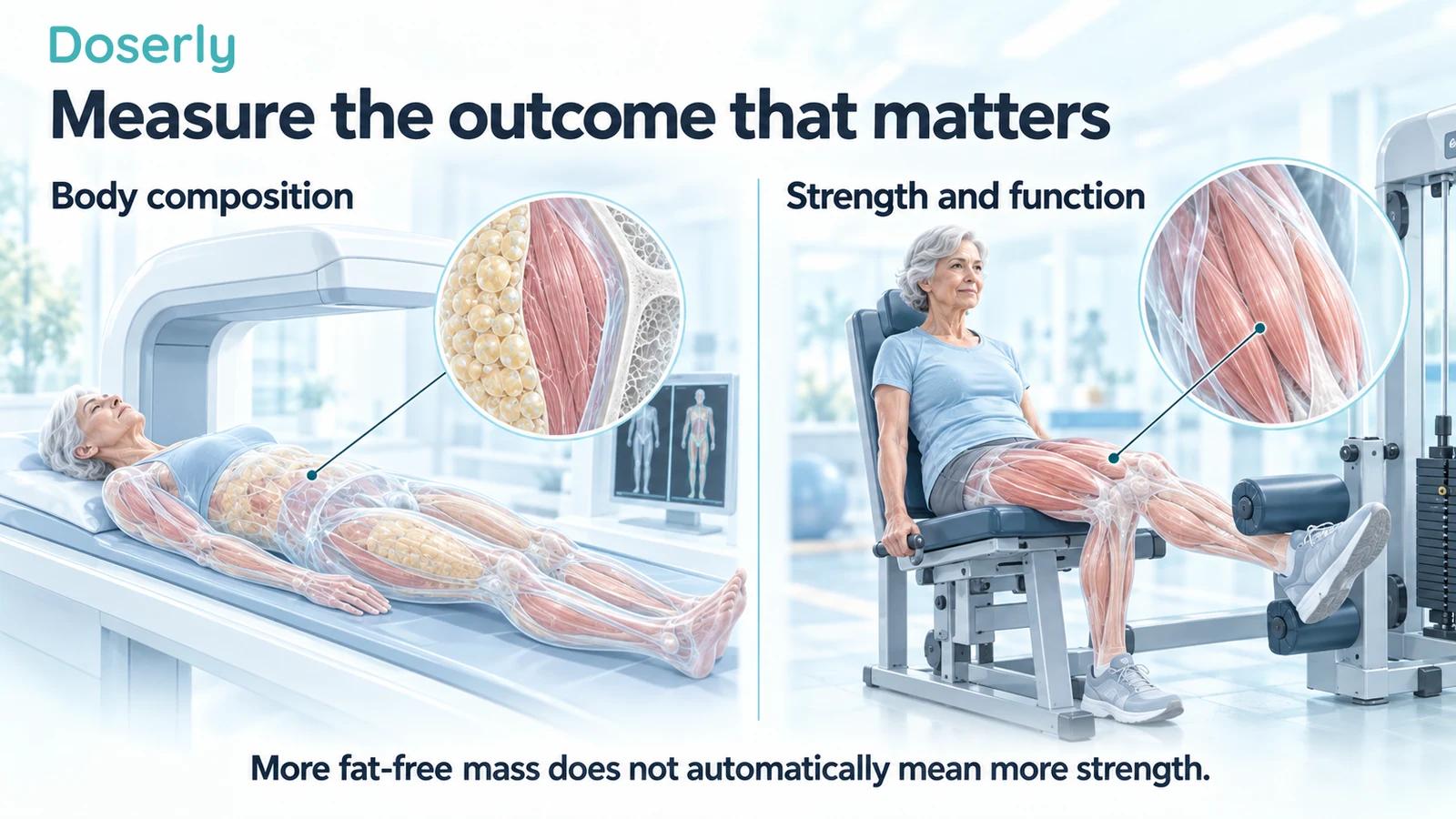Body-composition scanning and a seated leg-strength assessment shown as separate clinical measurements.