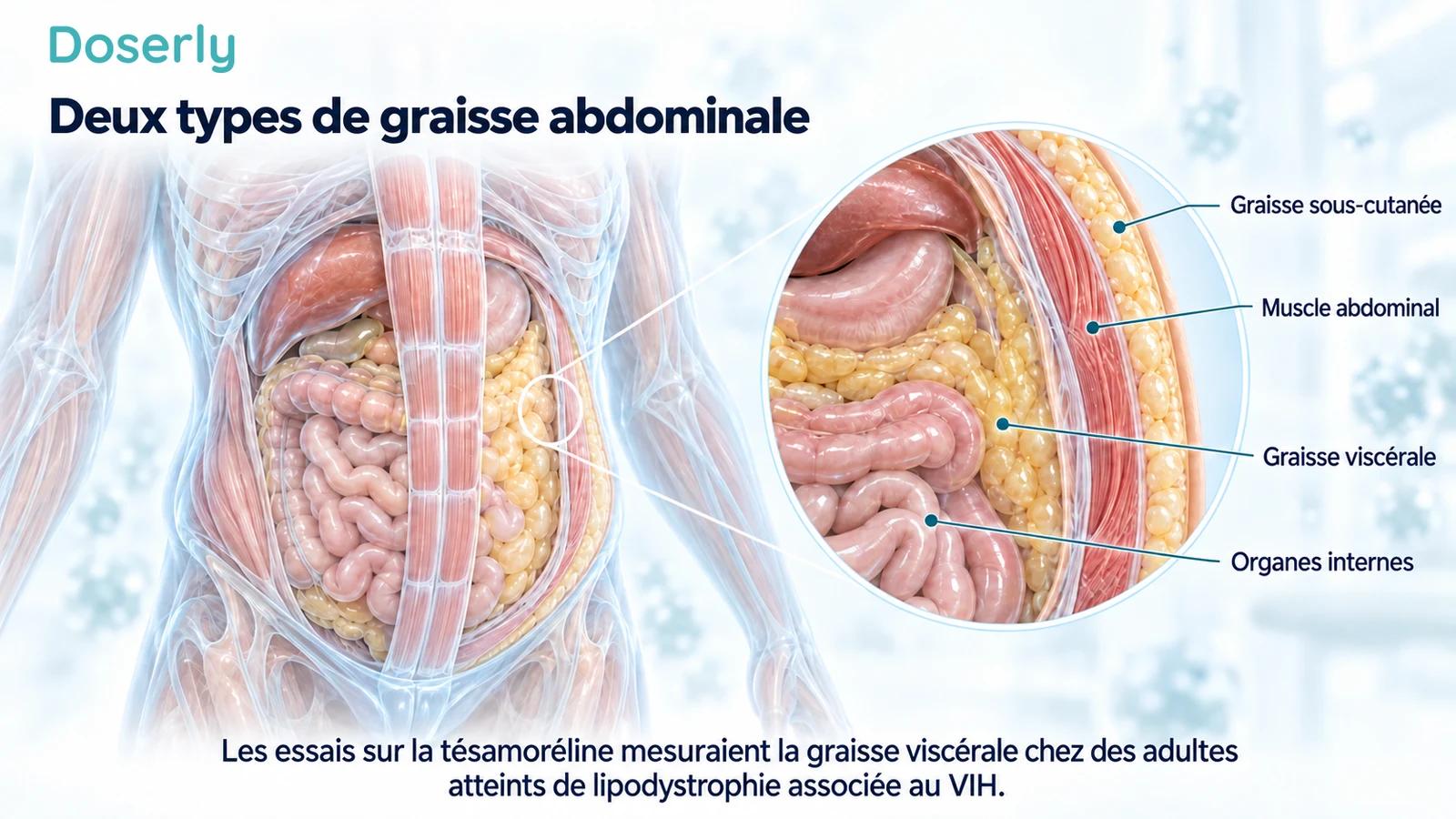 Illustration médicale montrant la graisse abdominale sous-cutanée à l’extérieur de la paroi musculaire et la graisse viscérale autour des organes internes.