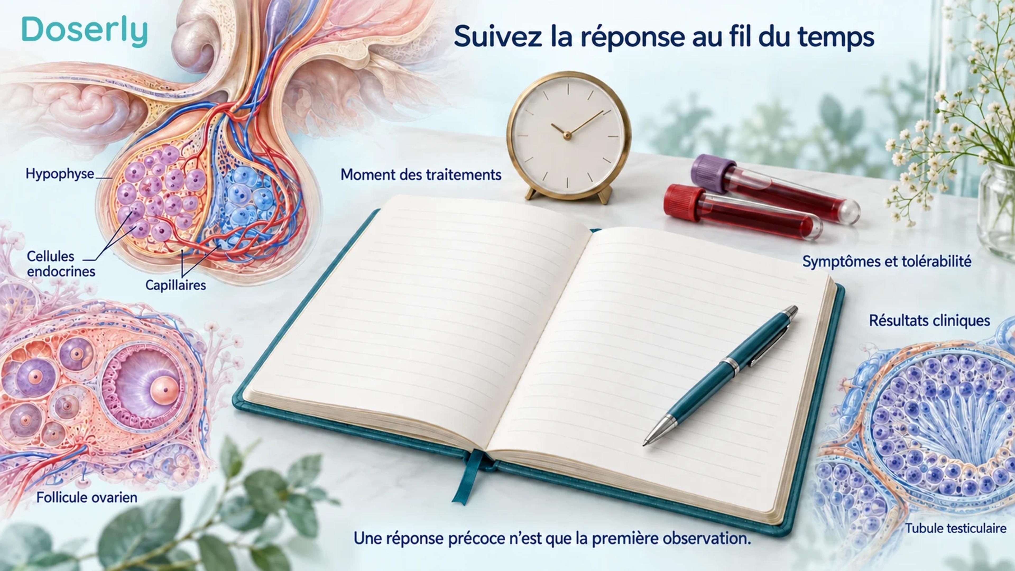 Encadrés détaillés de l’hypophyse et de tissus reproductifs autour d’un carnet clinique vierge, d’une horloge et d’échantillons sanguins, illustrant des observations répétées au fil du temps.